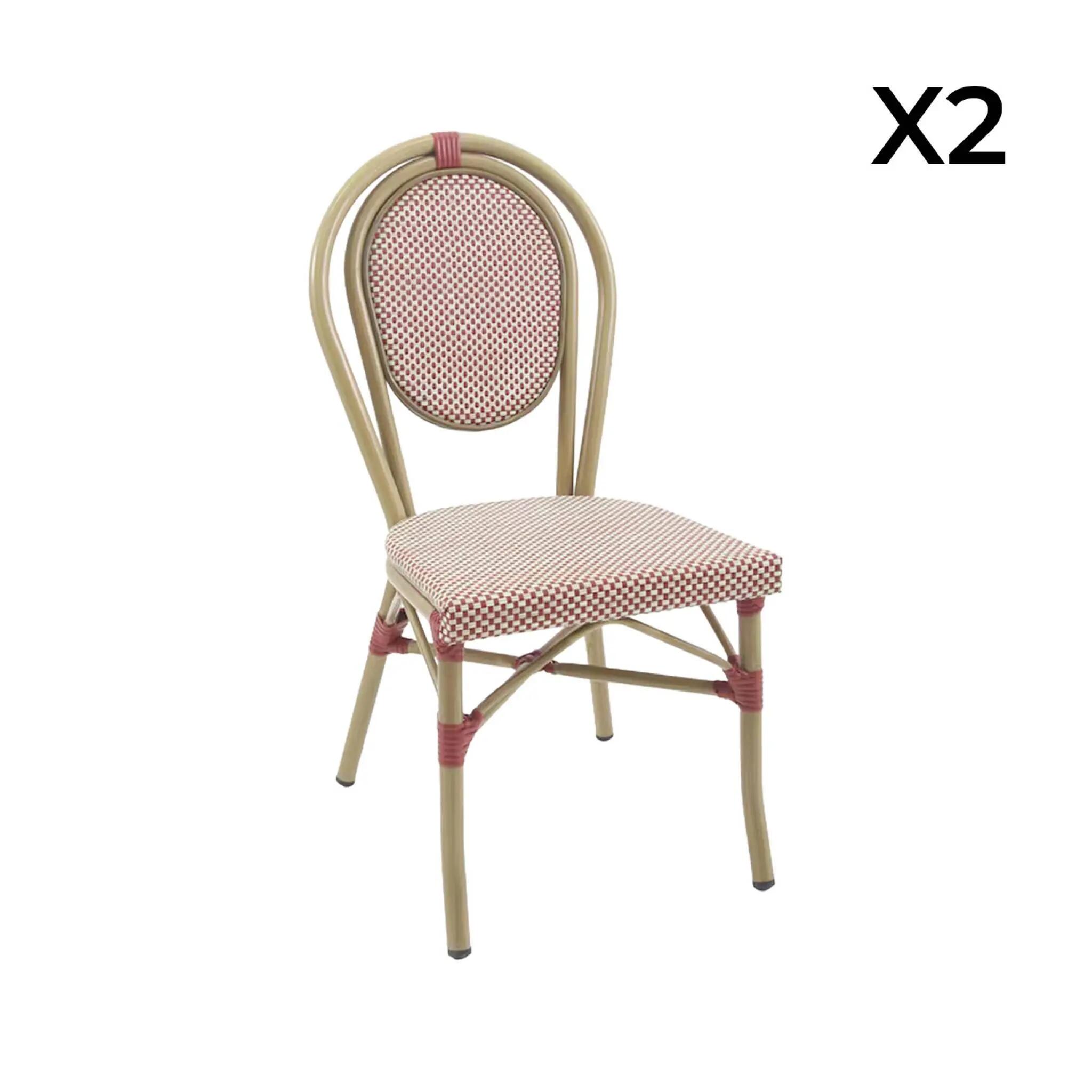 Silla de terraza bistró de textil y aluminio rojo y beige, set de 2, Rojo 3/5