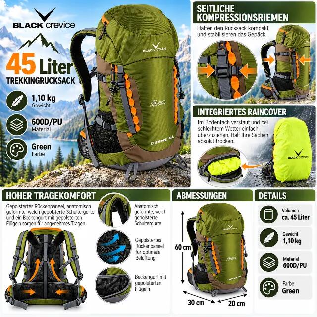 Rucksack Trekkingrucksack Grün 45 Liter Backpacker Wanderrucksack 3/7