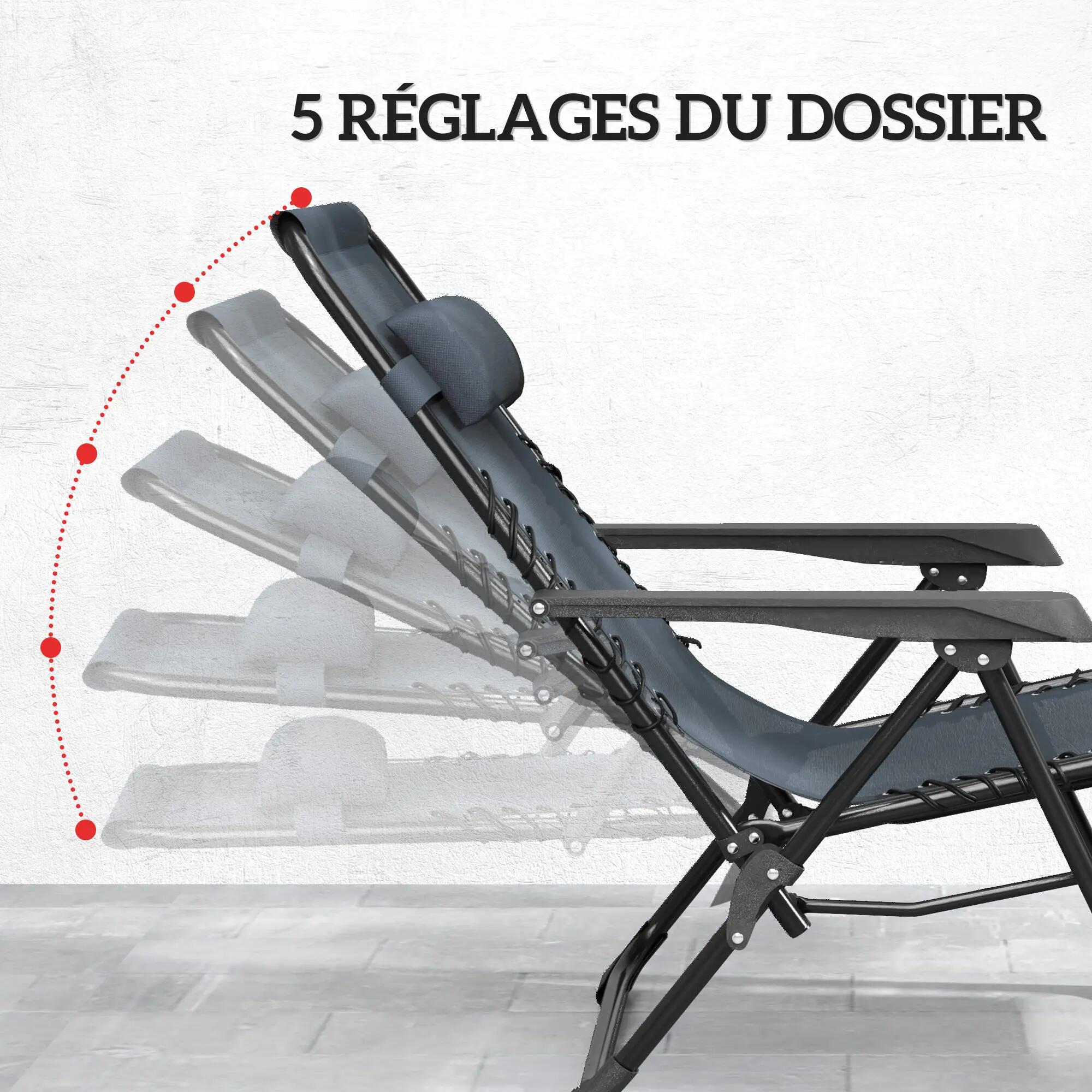 Lot de 2 chaise longue pliable et inclinable avec table d'appoint, porte-gobelet 6/9