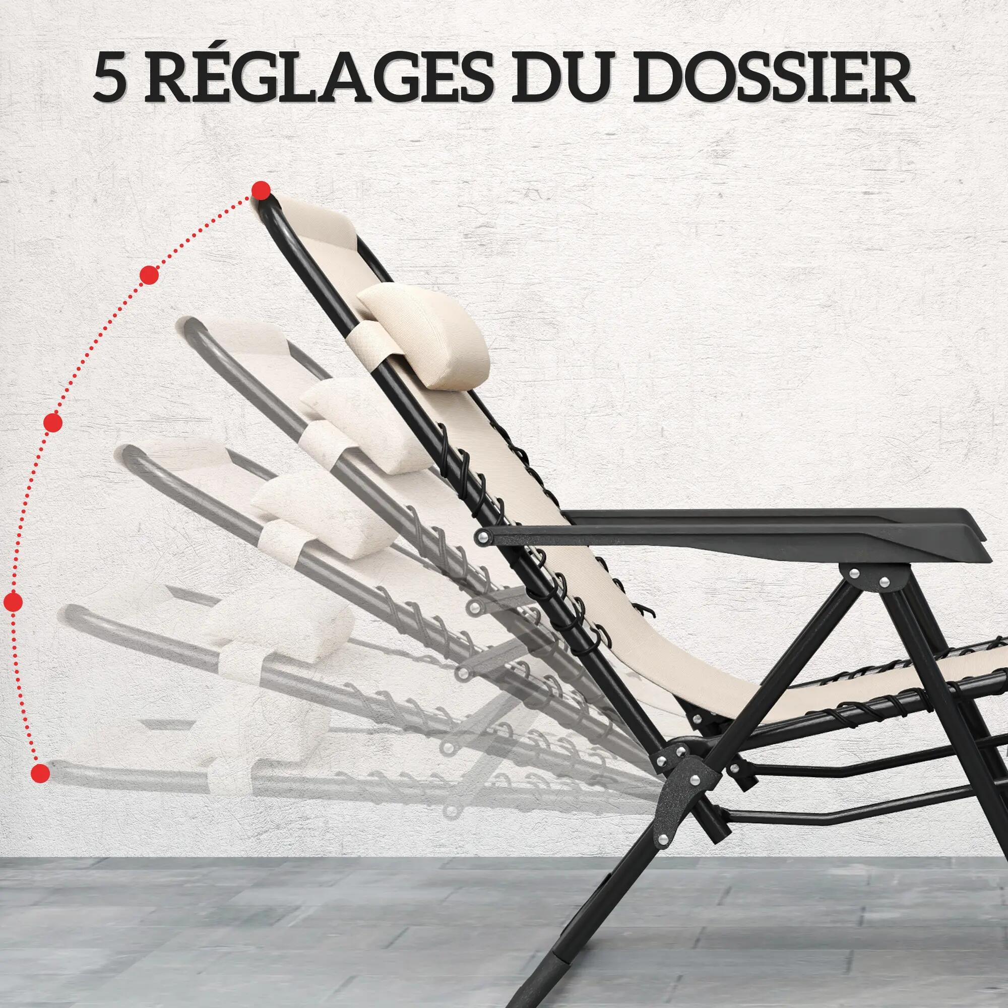 Lot de 2 chaise longue pliable et inclinable avec table d'appoint, porte-gobelet 6/9