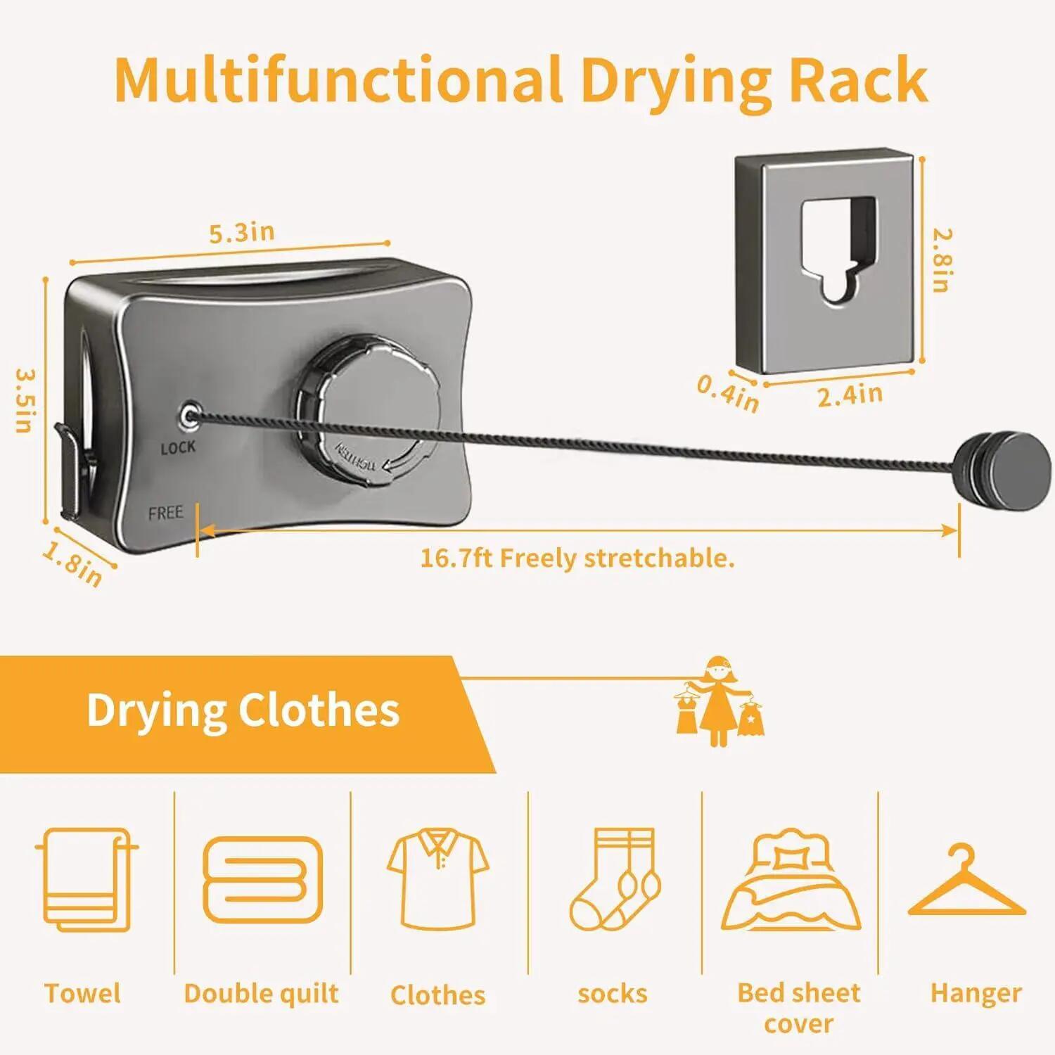 Corde à linge rétractable murale 5 m inox, balcon 3/6