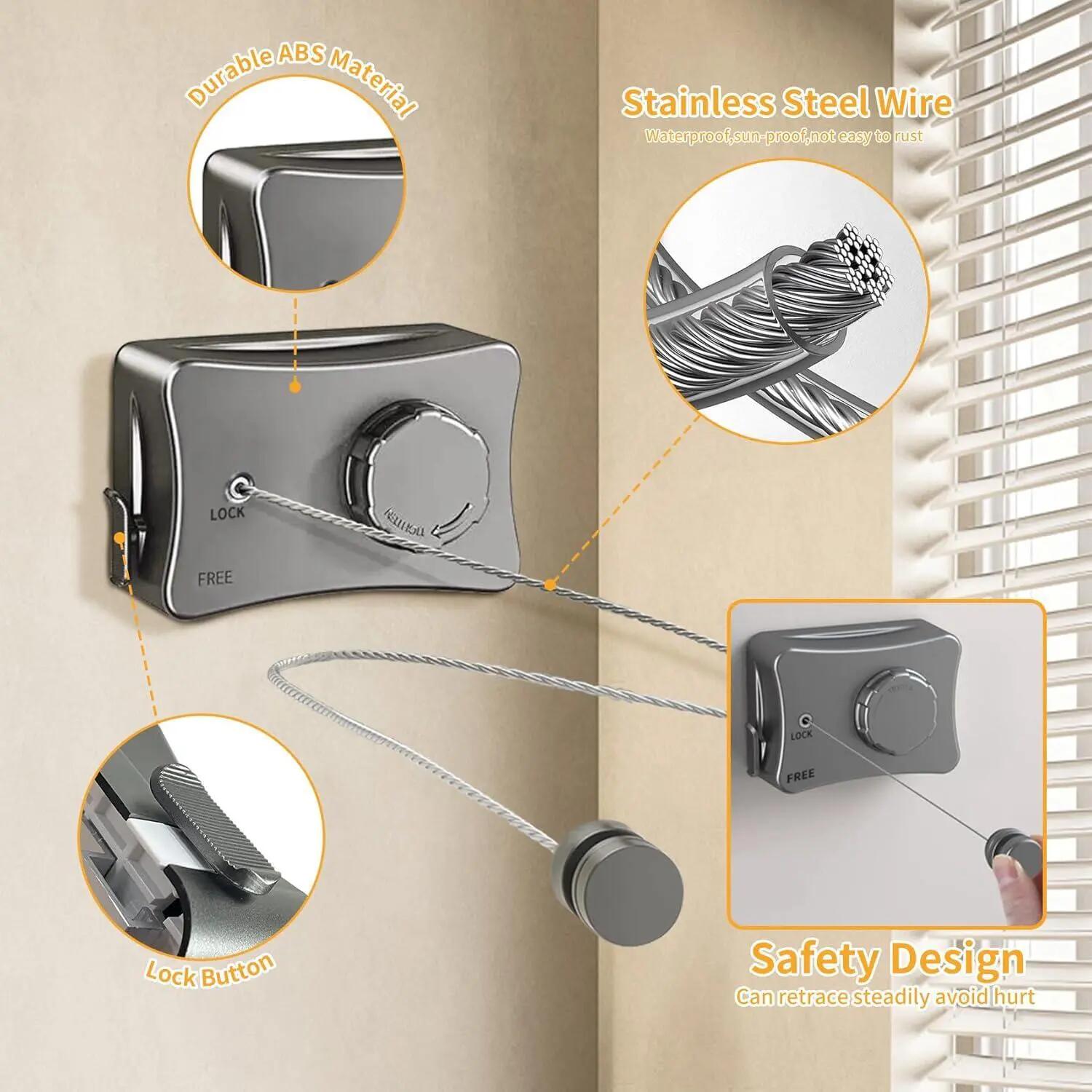 Corde à linge rétractable murale 5 m inox, balcon 2/6