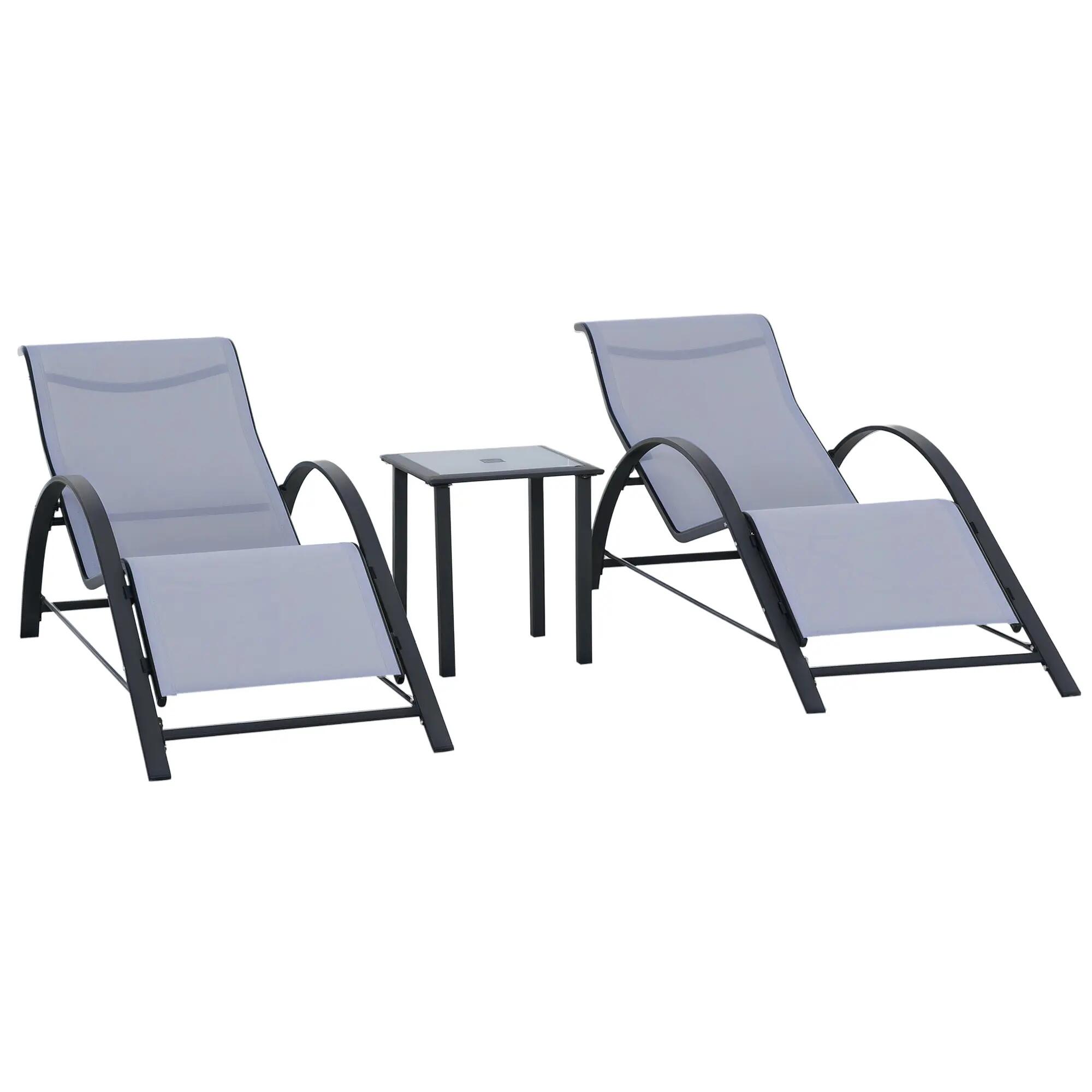 Ensemble de 2 chaises longues et table basse avec plateau en verre, 59 x 169 x 6 1/9