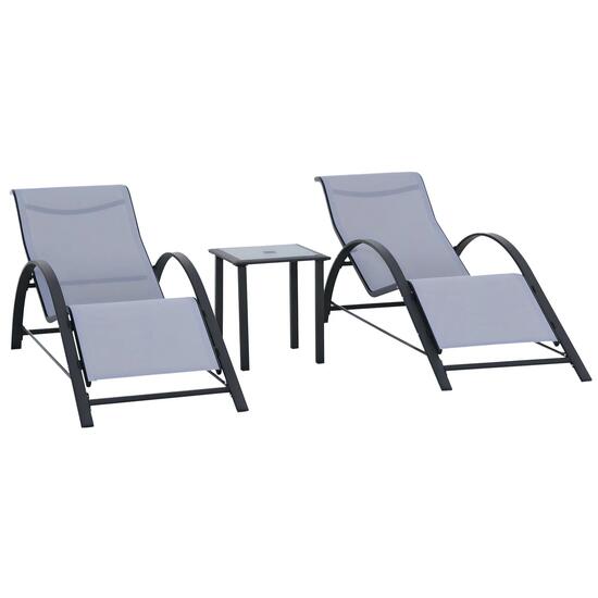Ensemble de 2 chaises longues et table basse avec plateau en verre, 59 x 169 x 6