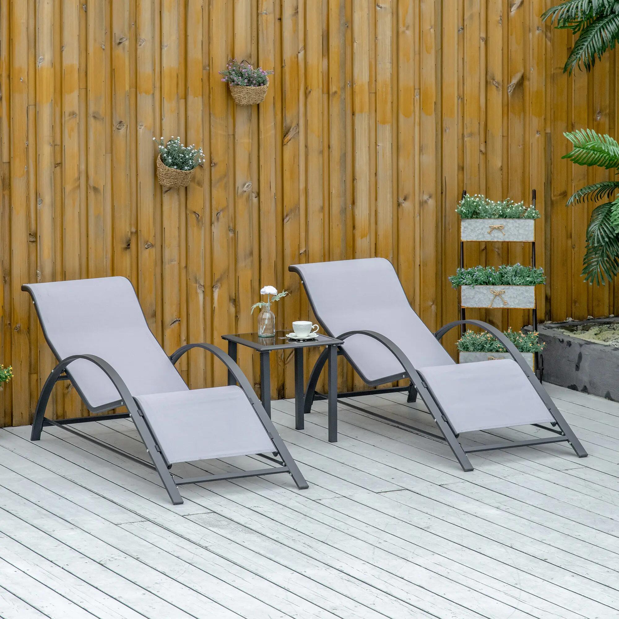 Ensemble de 2 chaises longues et table basse avec plateau en verre, 59 x 169 x 6 3/9