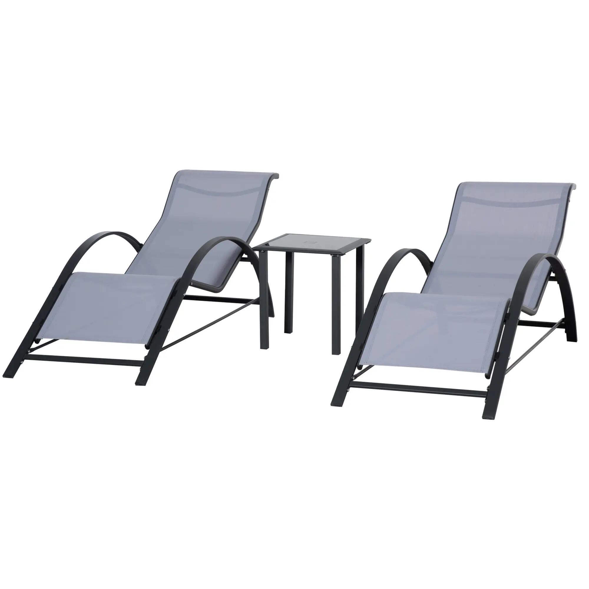Ensemble de 2 chaises longues et table basse avec plateau en verre, 59 x 169 x 6 2/9