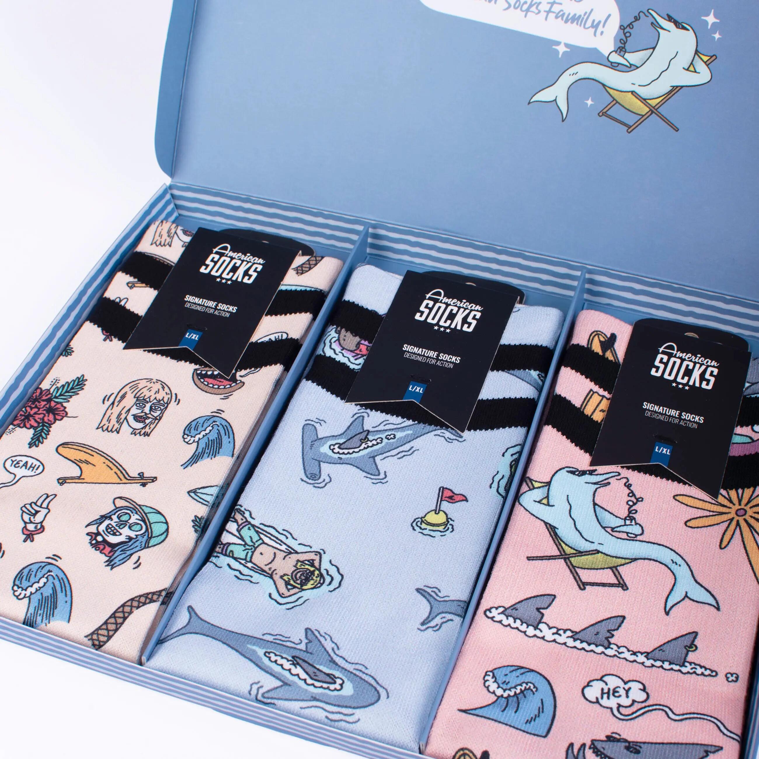 Geschenkbox 3 Paar Unisex Skate-Socken wadenhoch Stinky Surfer 5/6
