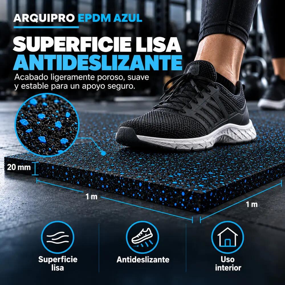 ARQUICAUCHO PRO EPDM Loseta Caucho 1x1m x20 mm Negro y Azul Gimnasio 8/10