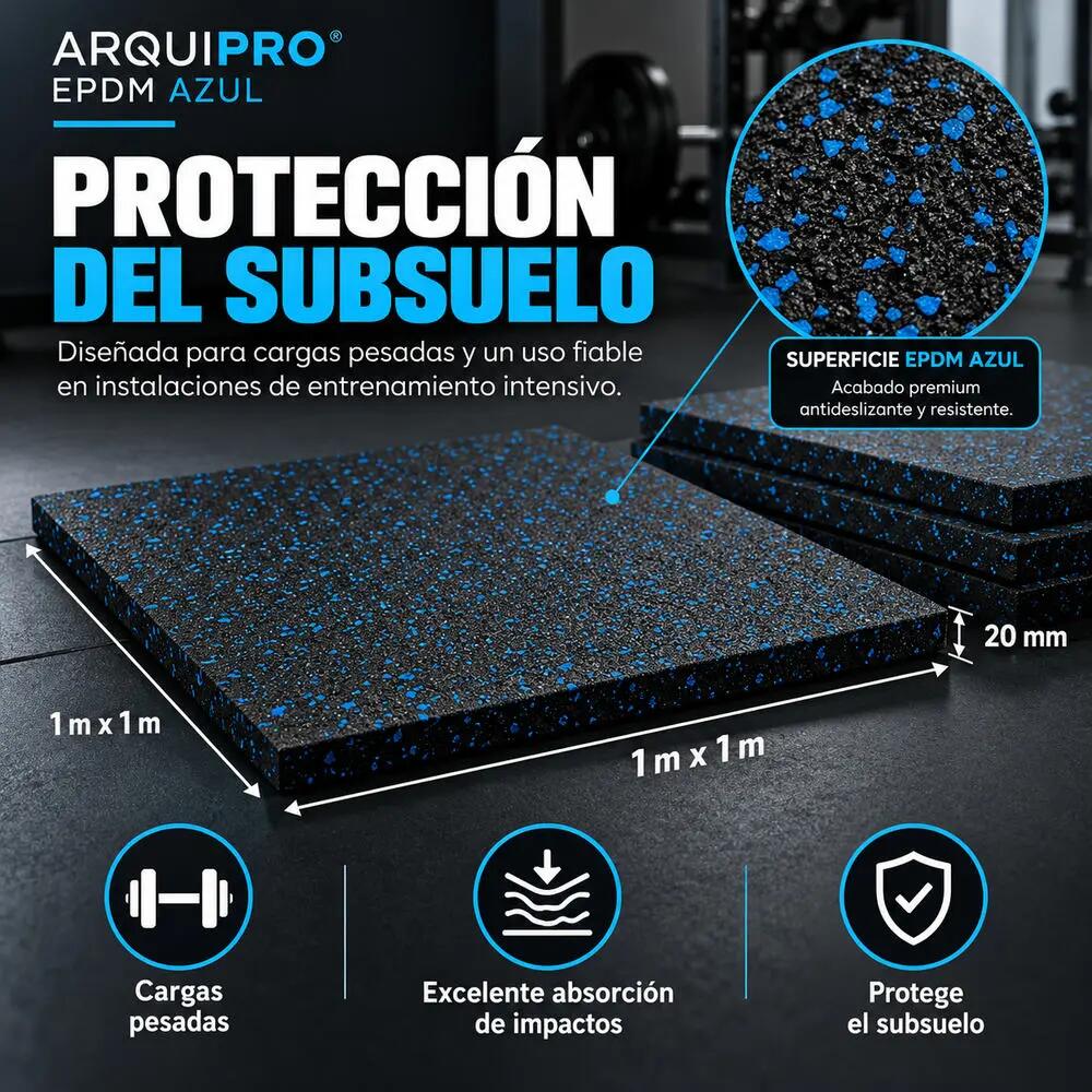 ARQUICAUCHO PRO EPDM Loseta Caucho 1x1m x20 mm Negro y Azul Gimnasio 5/10