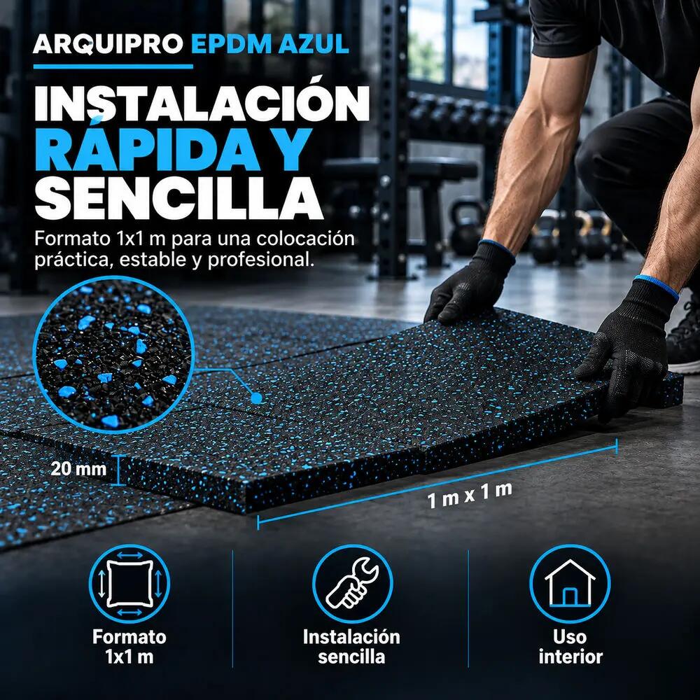 ARQUICAUCHO PRO EPDM Loseta Caucho 1x1m x20 mm Negro y Azul Gimnasio 3/10