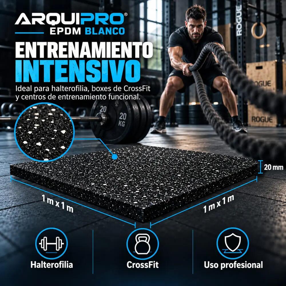 ARQUICAUCHO PRO EPDM Placa de Borracha 1x1m x 20mm Preto e Branco Academia 5/9