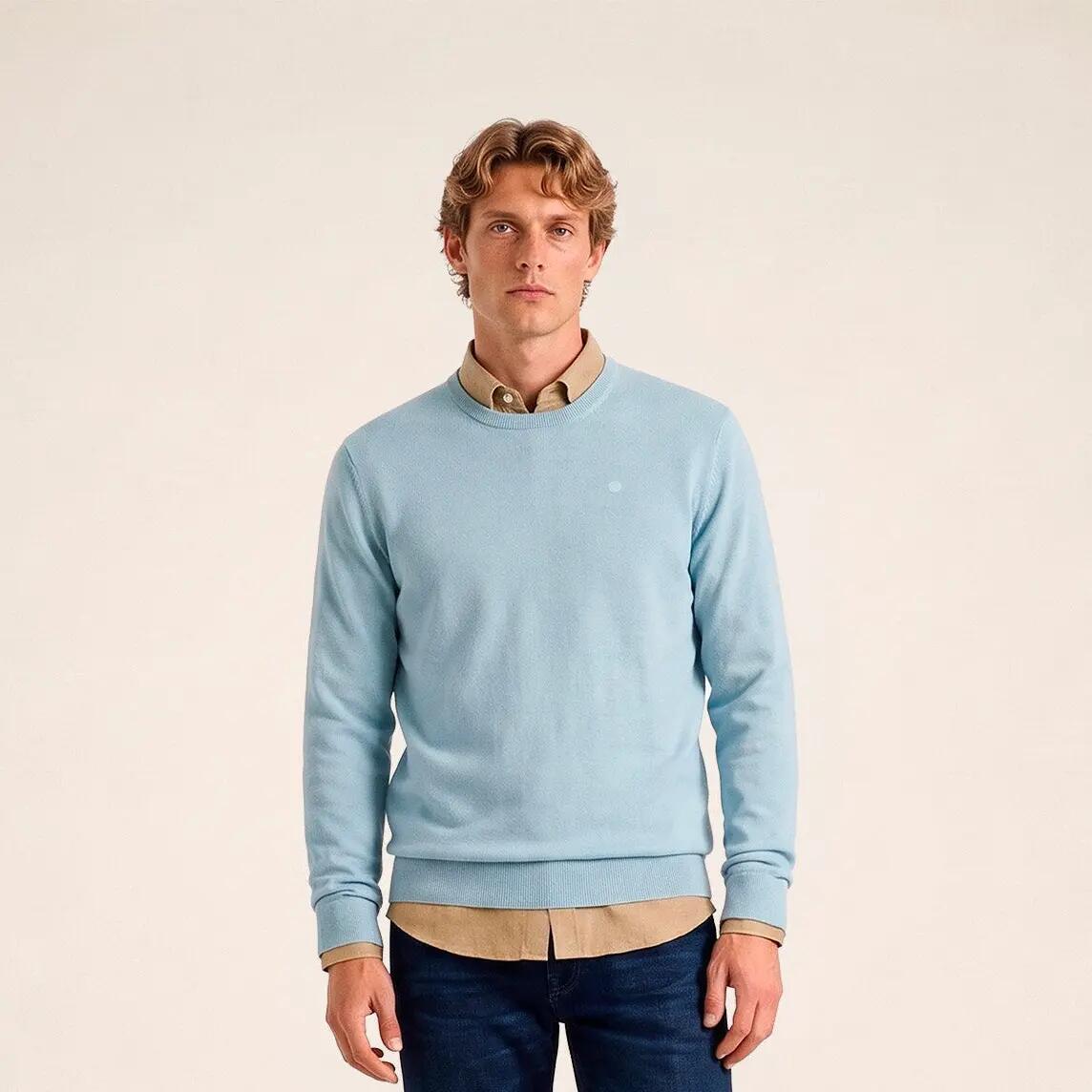 Pull col rond mérinos en laine mélangée bleu brise Mao Essentiel 2/6