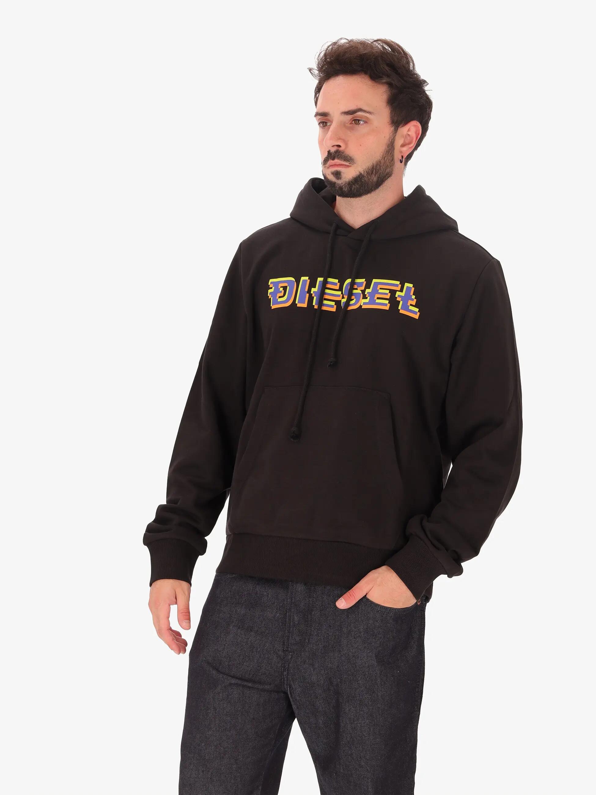 Herren Hoodie Diesel Schwarz mit Kapuze und farbigem Logo 2/7
