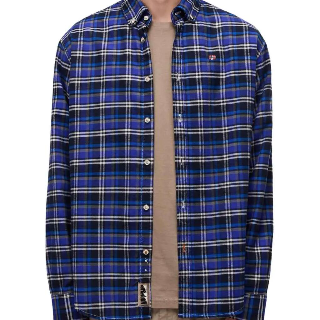 Men's relaxed-fit pure cotton tartan flannel shirt, Trekking, blue