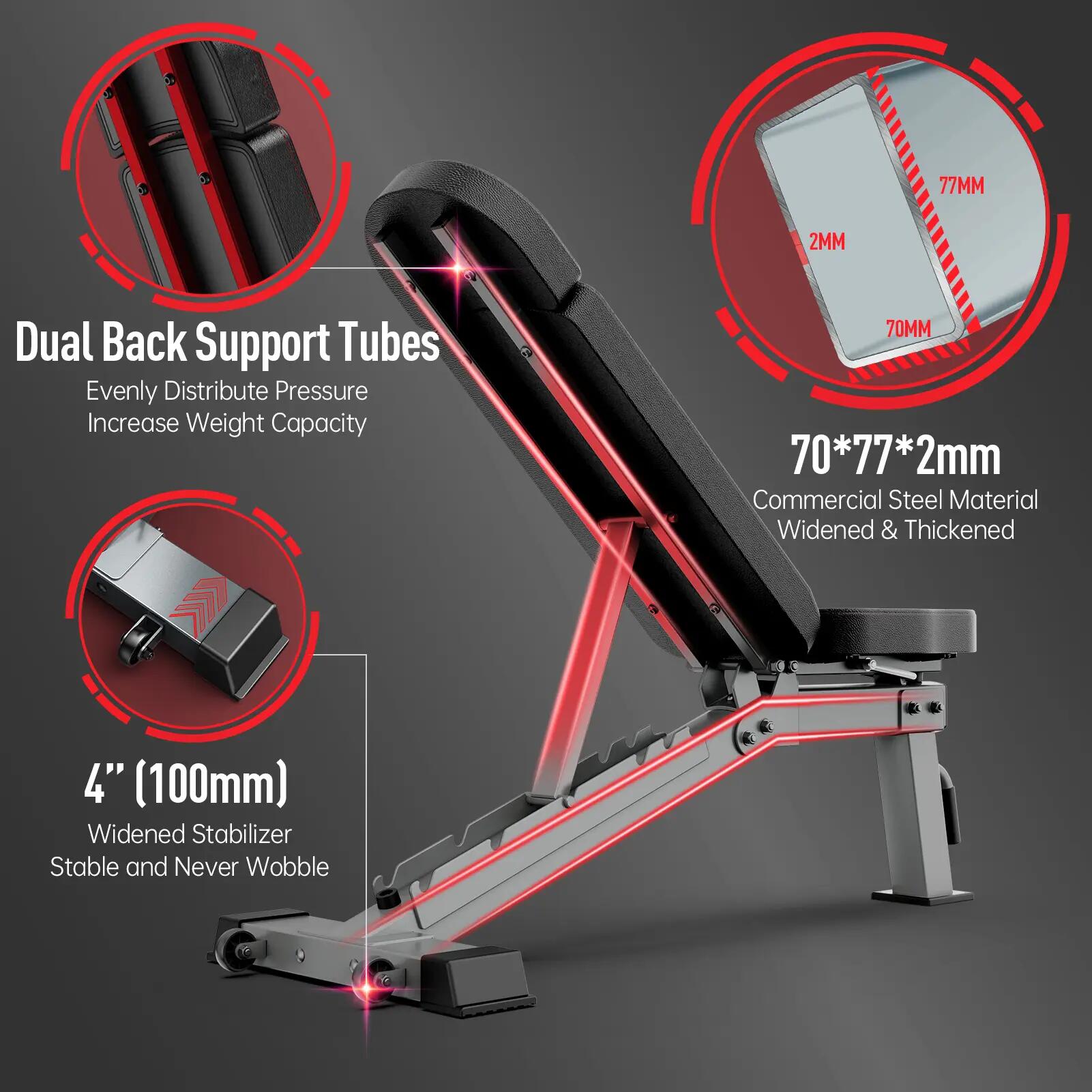 Banc de muscu MD80 incline/declin/flat, pliable avec roulettes, 450kg Capacité 3/9