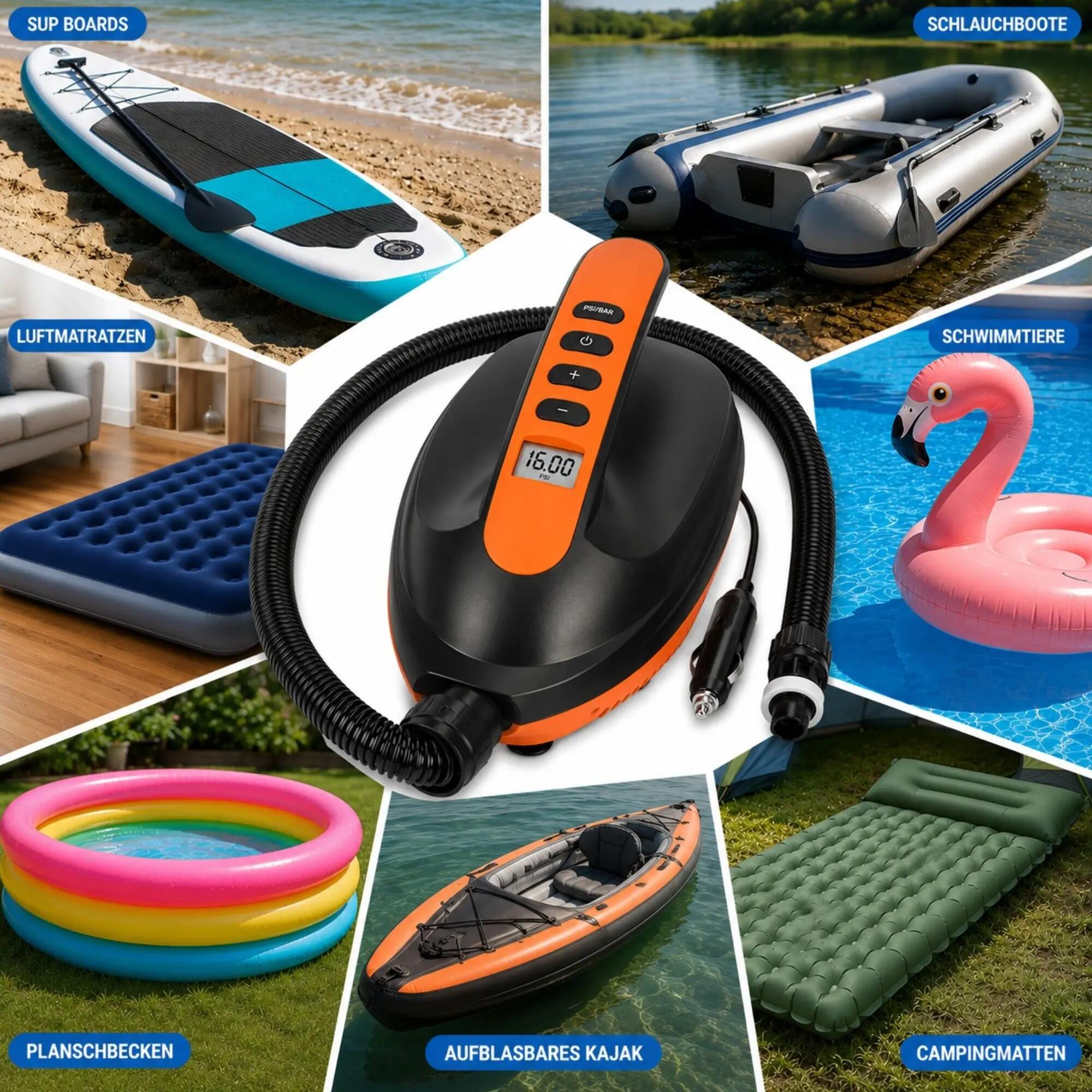 Bomba elétrica SUP 16 PSI visor digital paragem auto 12V 6 adaptadores 6/7