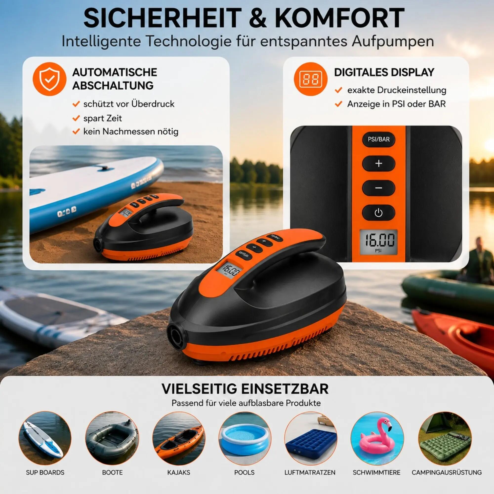 Bomba elétrica SUP 16 PSI visor digital paragem auto 12V 6 adaptadores 5/7