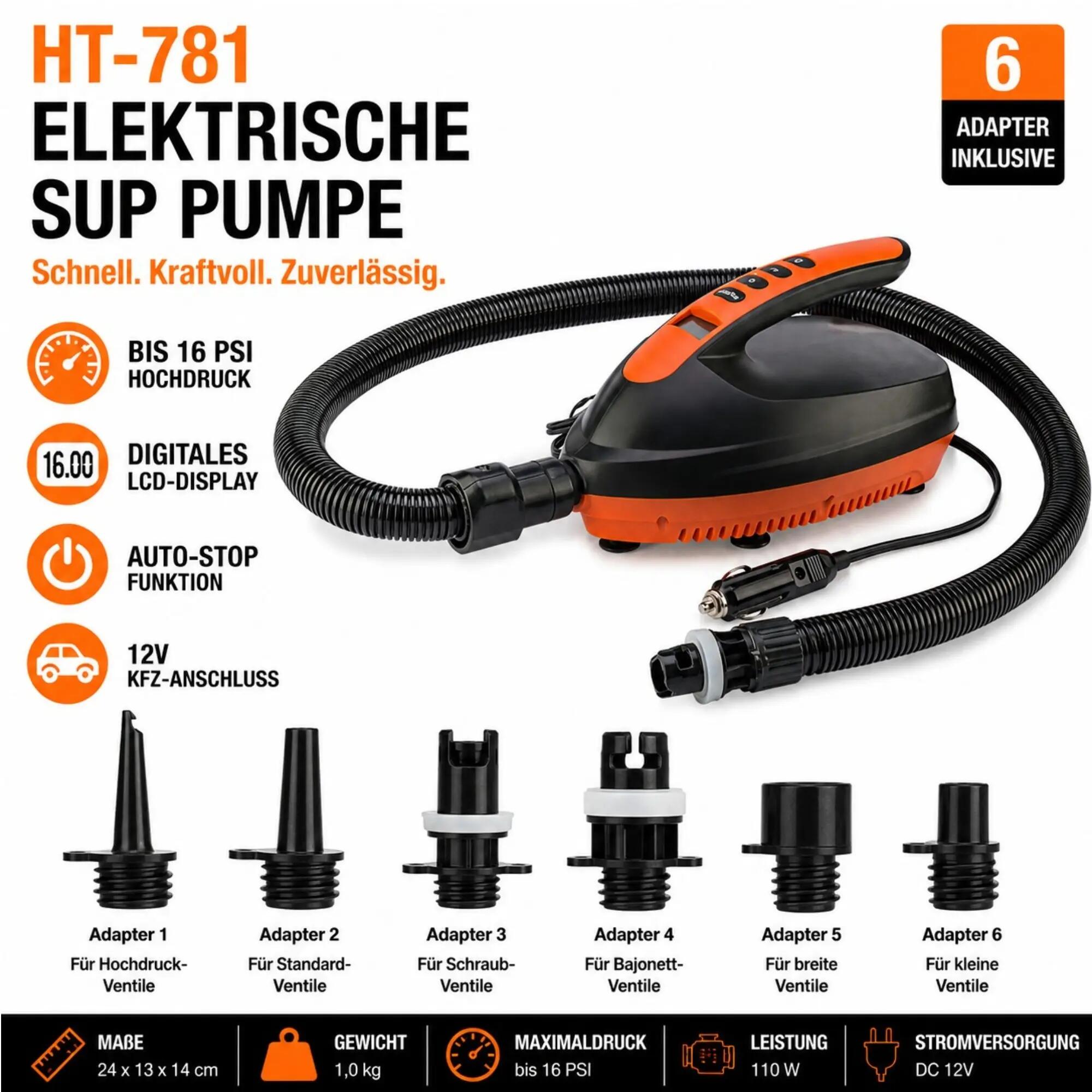 Bomba elétrica SUP 16 PSI visor digital paragem auto 12V 6 adaptadores 2/7