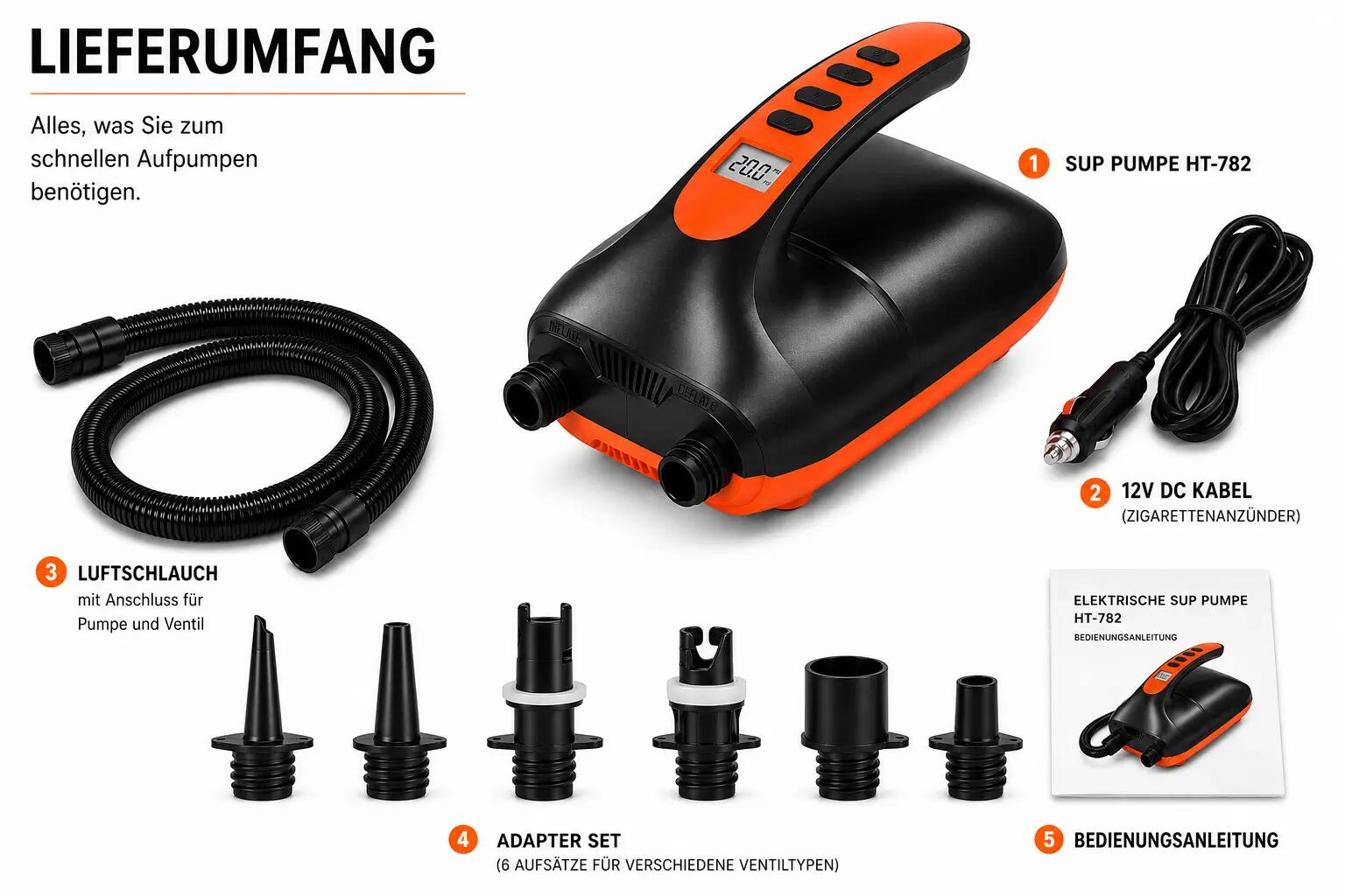 Bomba elétrica SUP 20 PSI visor digital paragem auto 12V 6 adaptadores 7/8