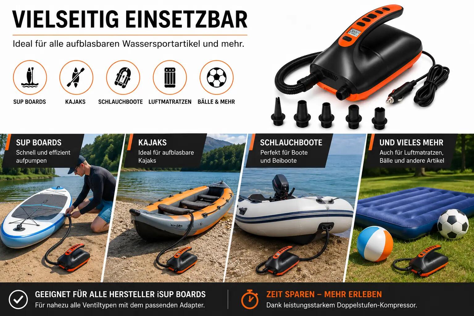 Bomba elétrica SUP 20 PSI visor digital paragem auto 12V 6 adaptadores 6/8