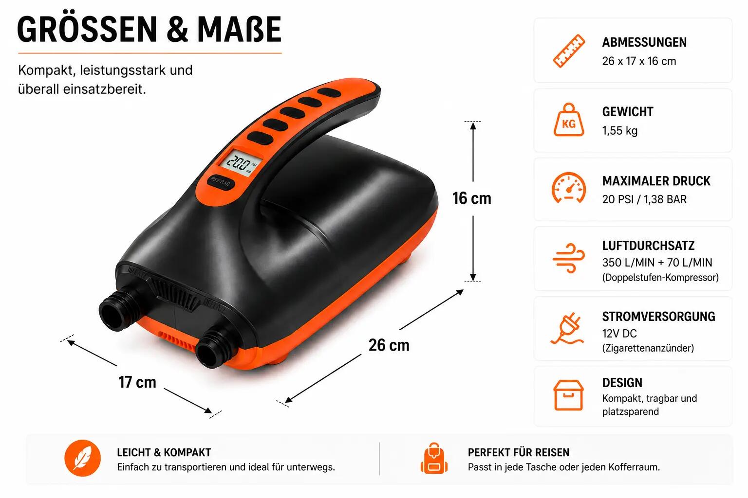 Bomba elétrica SUP 20 PSI visor digital paragem auto 12V 6 adaptadores 5/8