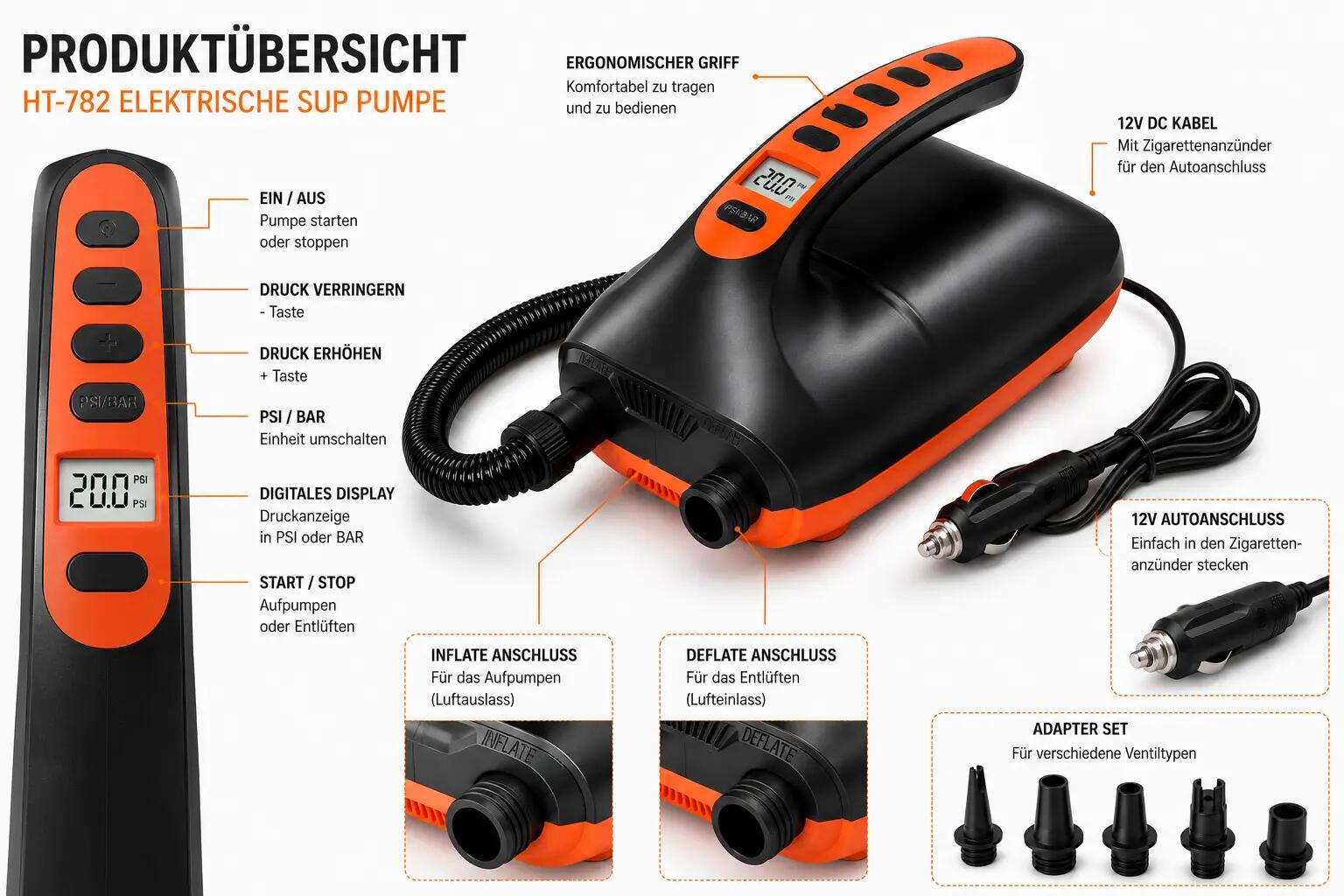 Bomba elétrica SUP 20 PSI visor digital paragem auto 12V 6 adaptadores 4/8