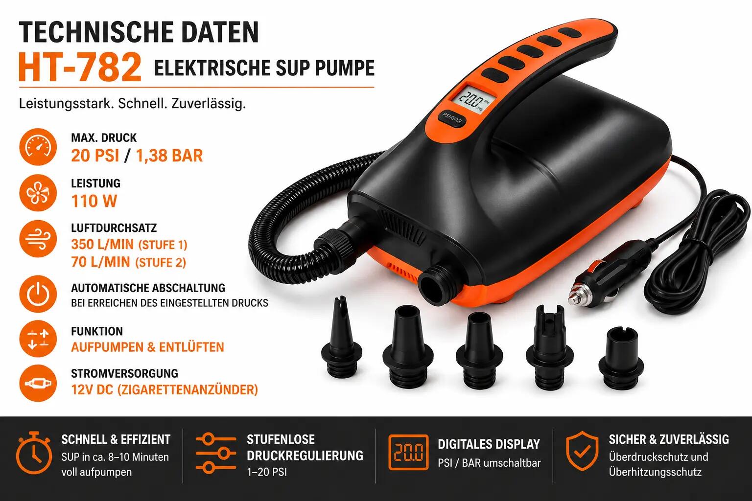 Bomba elétrica SUP 20 PSI visor digital paragem auto 12V 6 adaptadores 3/8