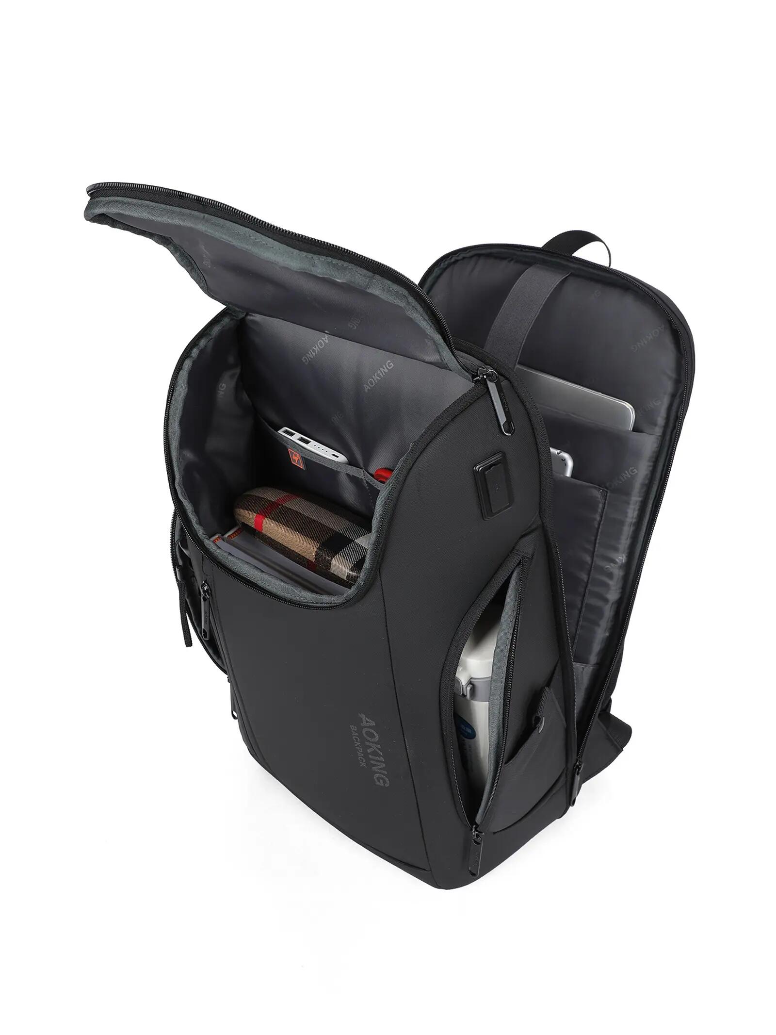 Zaino Aoking nero unisex con zip - Capiente e multitasche 5/6