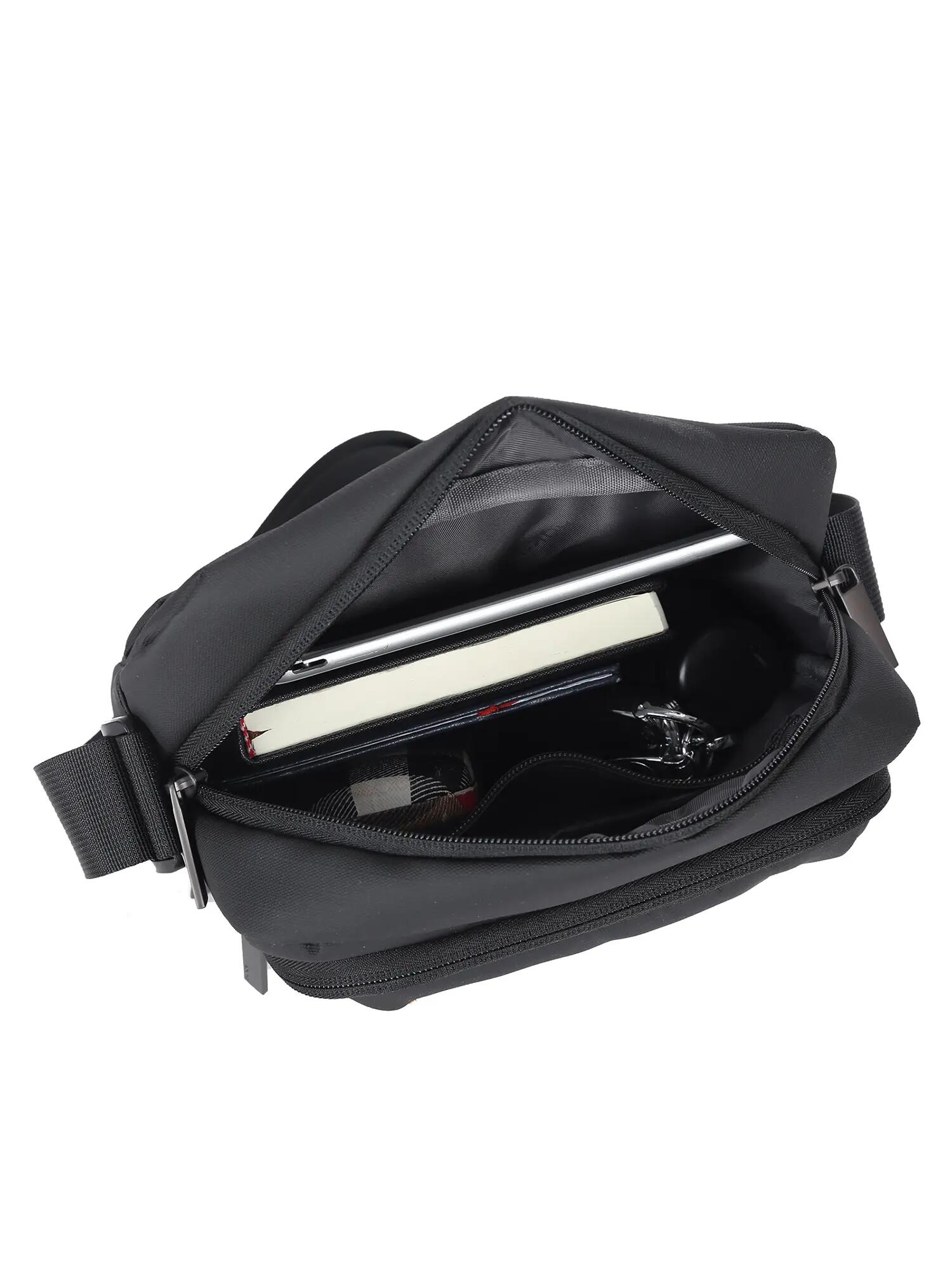 Aoking Umhängetasche Unisex Schwarz mit Reißverschluss und praktischen Fächern 5/6
