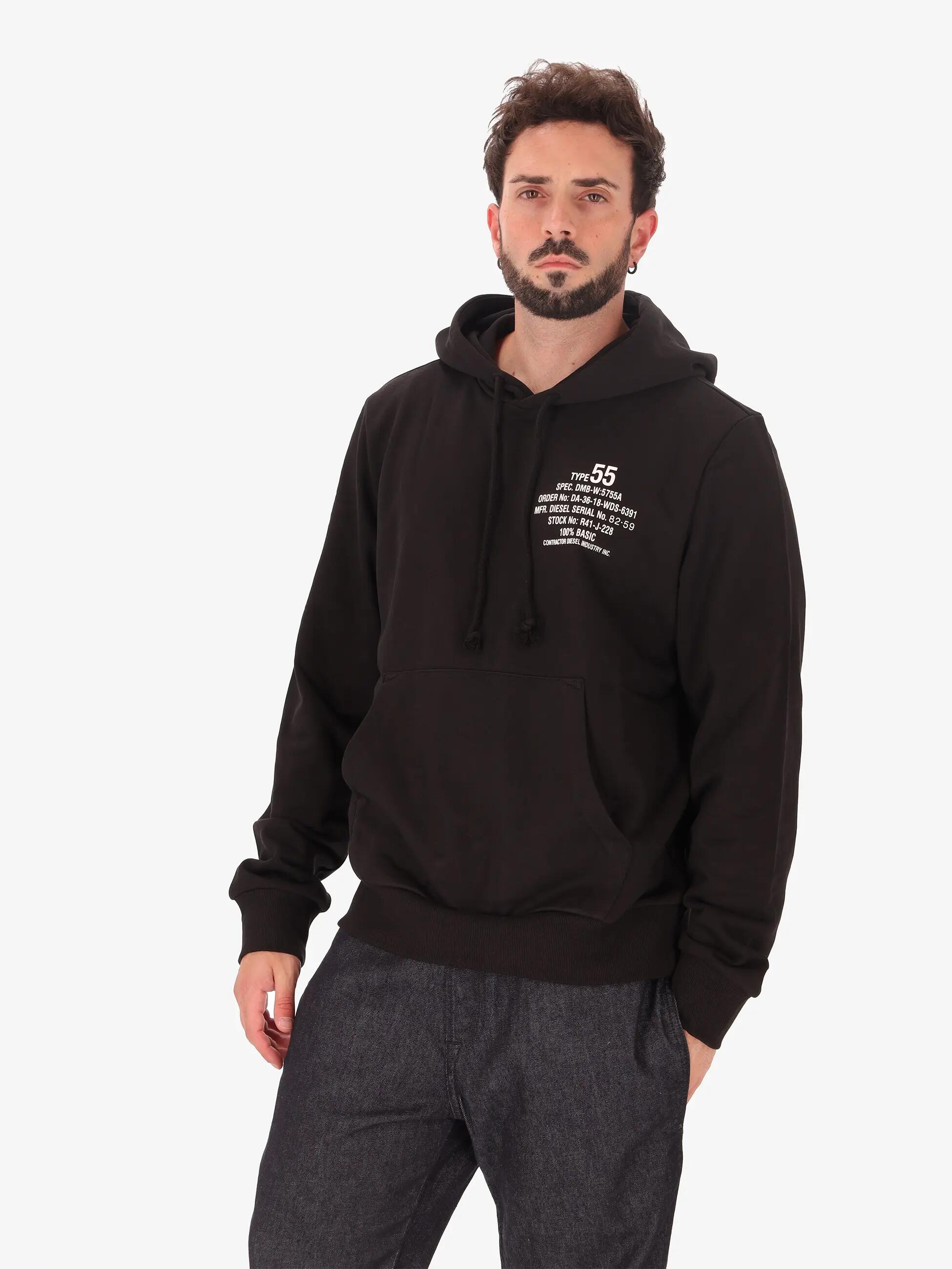 Sudadera hombre Diesel negra con capucha y estampado logo - Algodón poliéster 2/7
