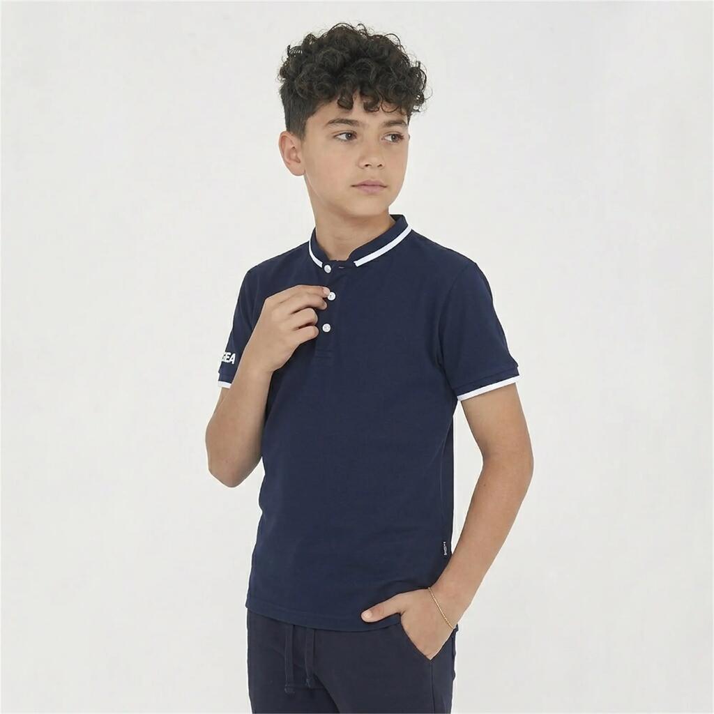 Тенис поло с къс ръкав от памук синьо-бяло Junior