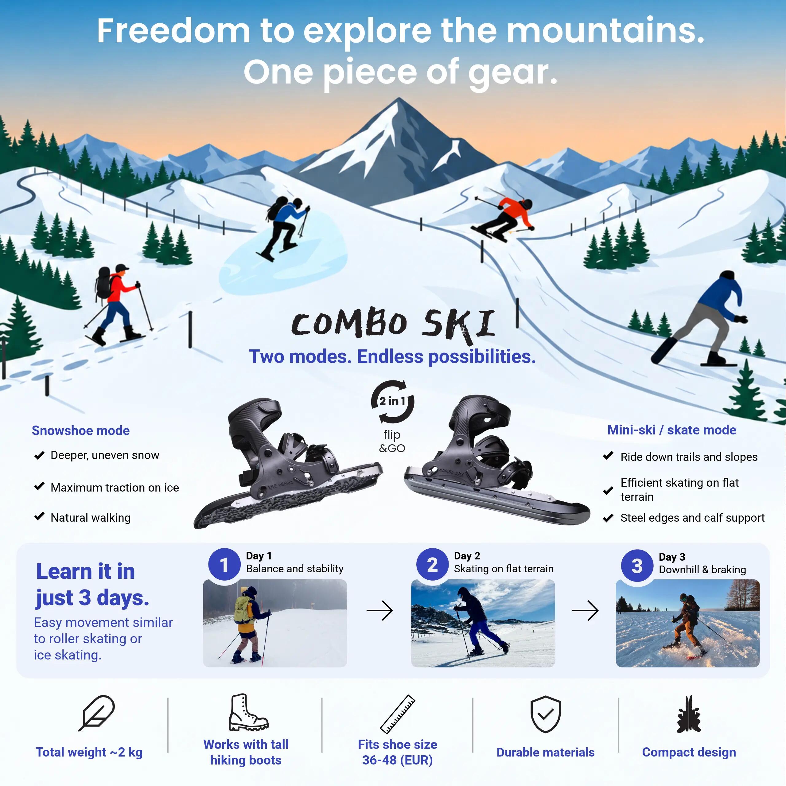 2-in-1 Kombination aus Schneeschuhen, Mini-Ski und Stahlspikes 3/16