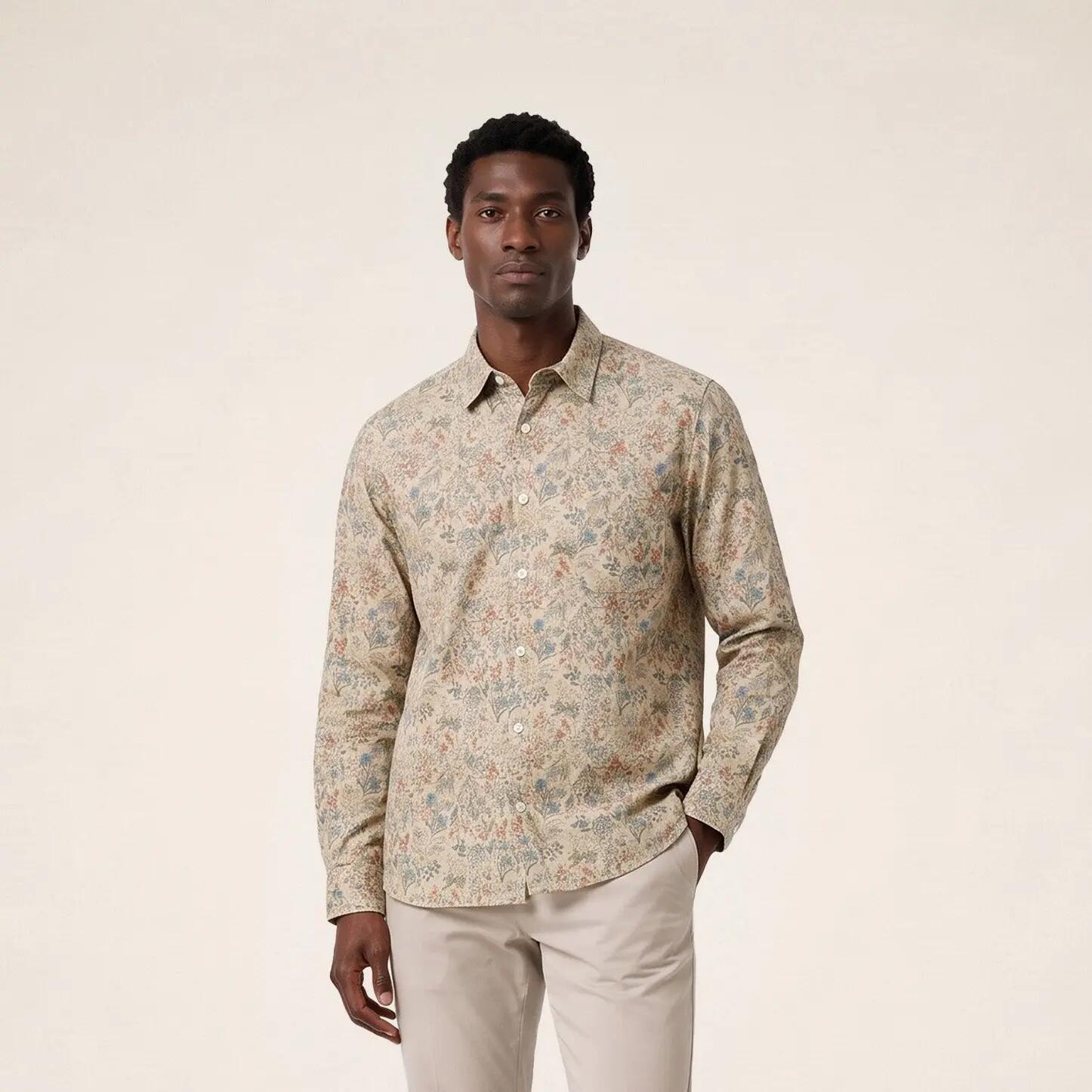 Camicia a maniche lunghe in velluto a coste con stampa floreale beige travertino 2/6