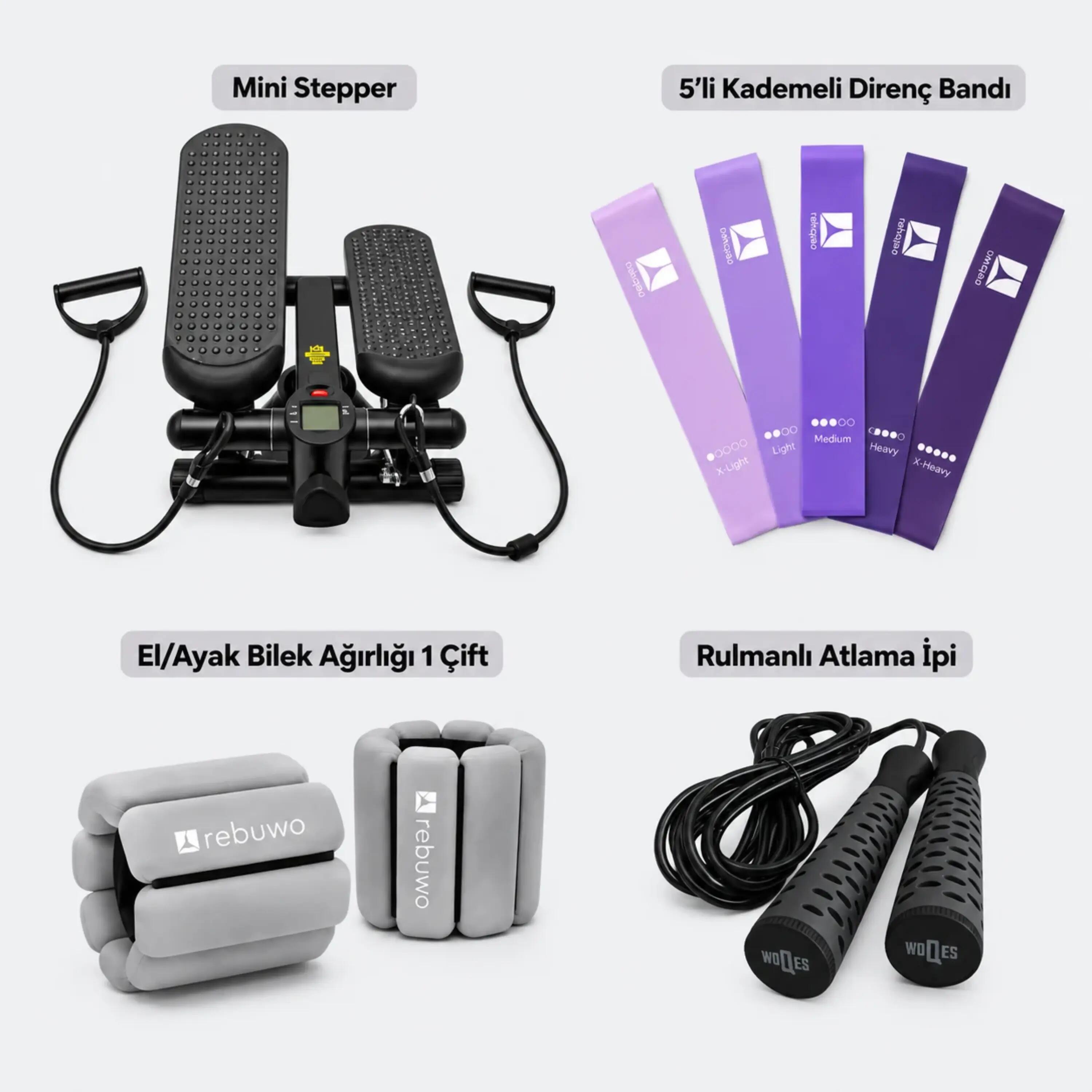 Kardiyo Seti - Mini Stepper + El Bilek Ağırlığı + Direnç Bandı + Atlama İpi 2/6