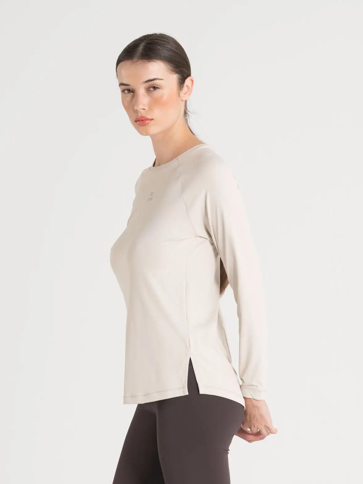Camiseta Manga Larga Fitness Mujer Tejido Técnico Diva Beige 3/4