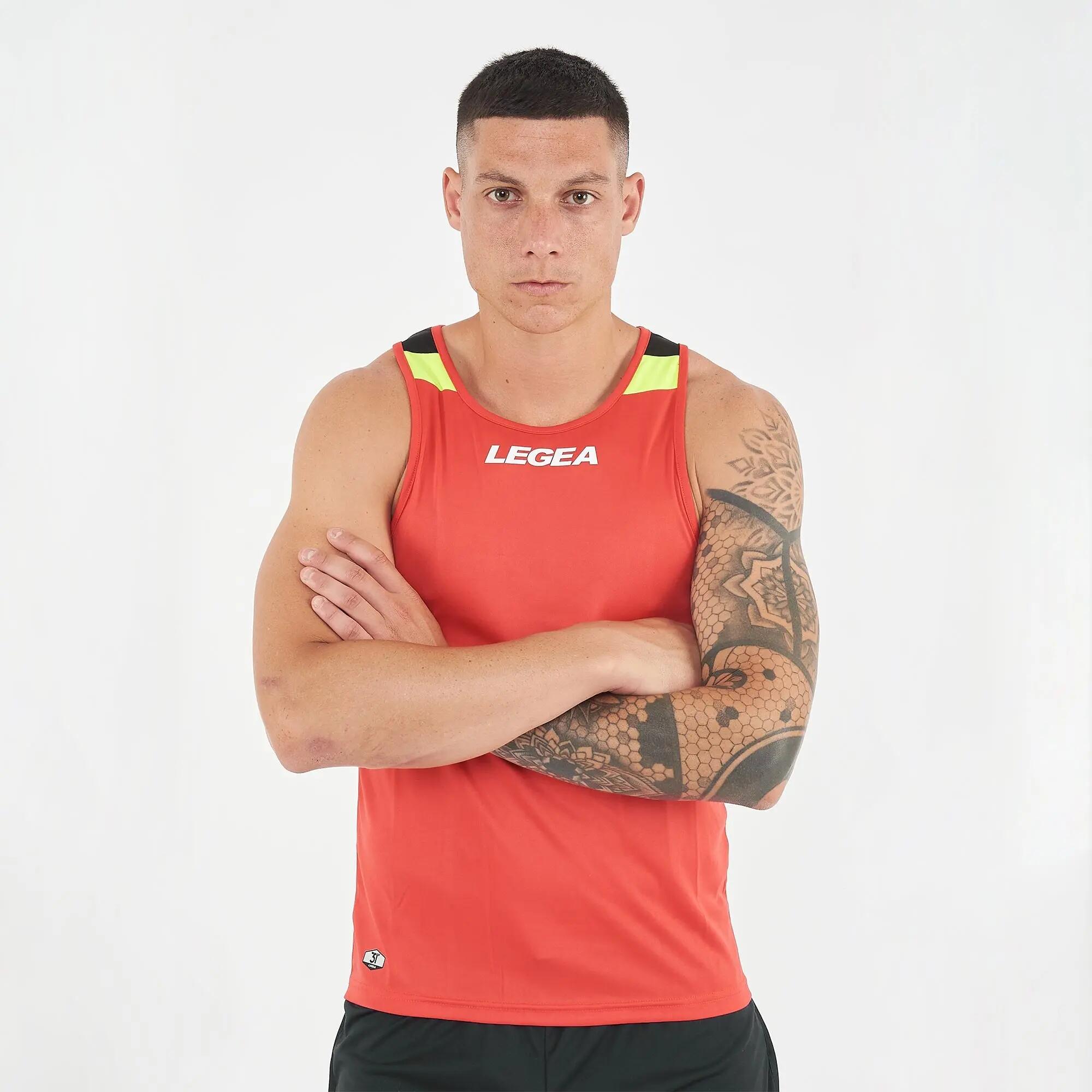 Camiseta sin mangas de atletismo unisex TAHITI coral fluo y negro 3/4