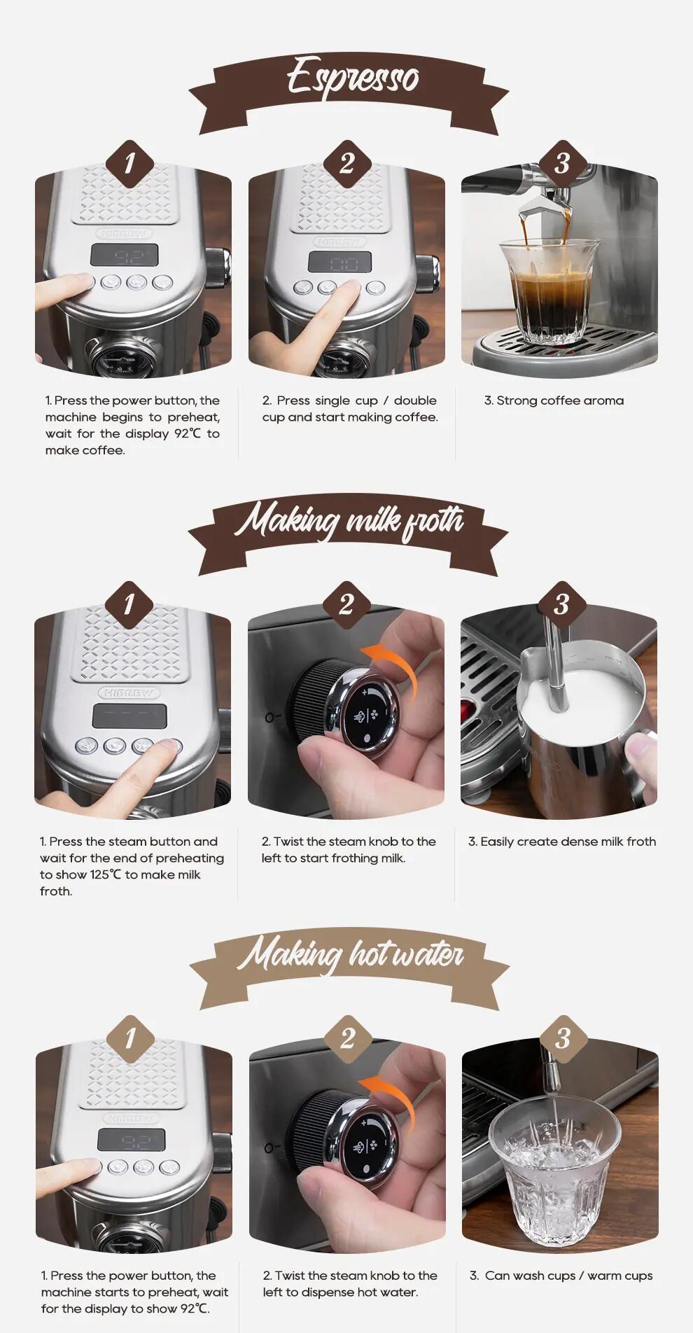 Machine à expresso semi-automatique Hibrew H10B, avec mousseur à lait, 20 bars 12/15