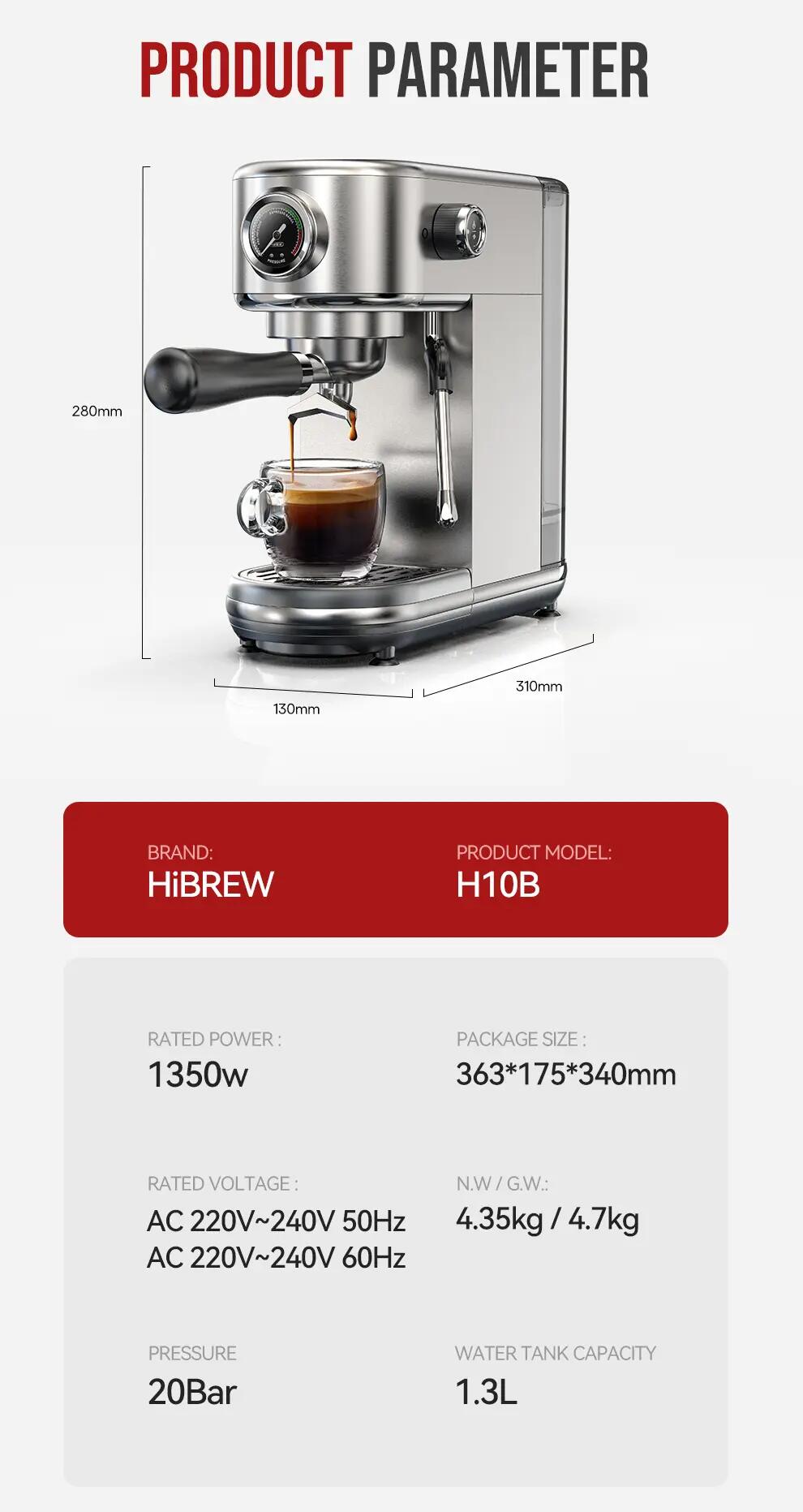 Machine à expresso semi-automatique Hibrew H10B, avec mousseur à lait, 20 bars 13/14