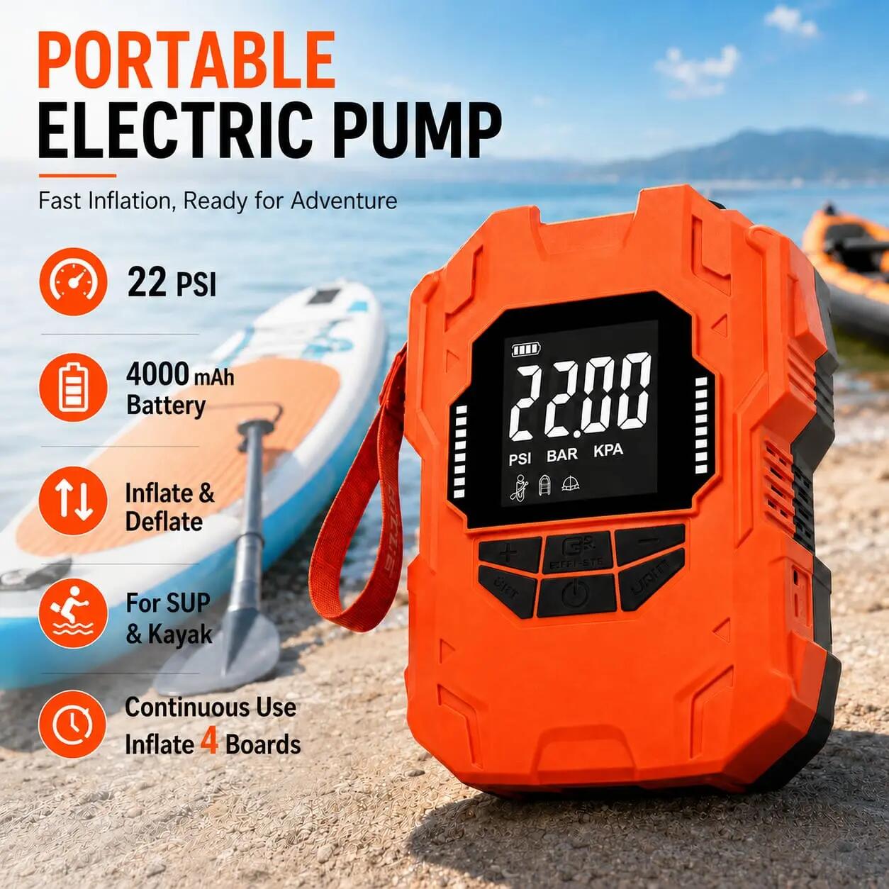 Inflador desinflador con bateria portatil paddle surf automatico hasta 22PSI 3/4