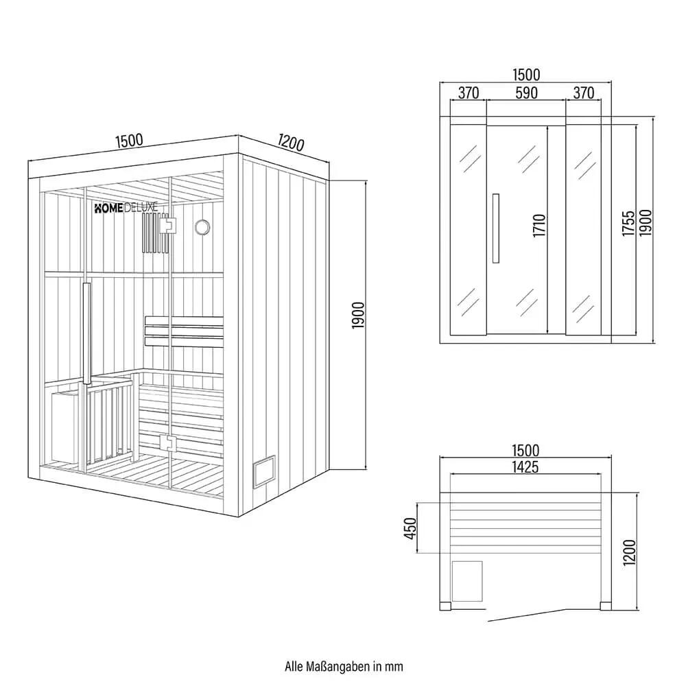 Traditional Sauna SKYLINE L 150x120 cm, 3 persons 12/12