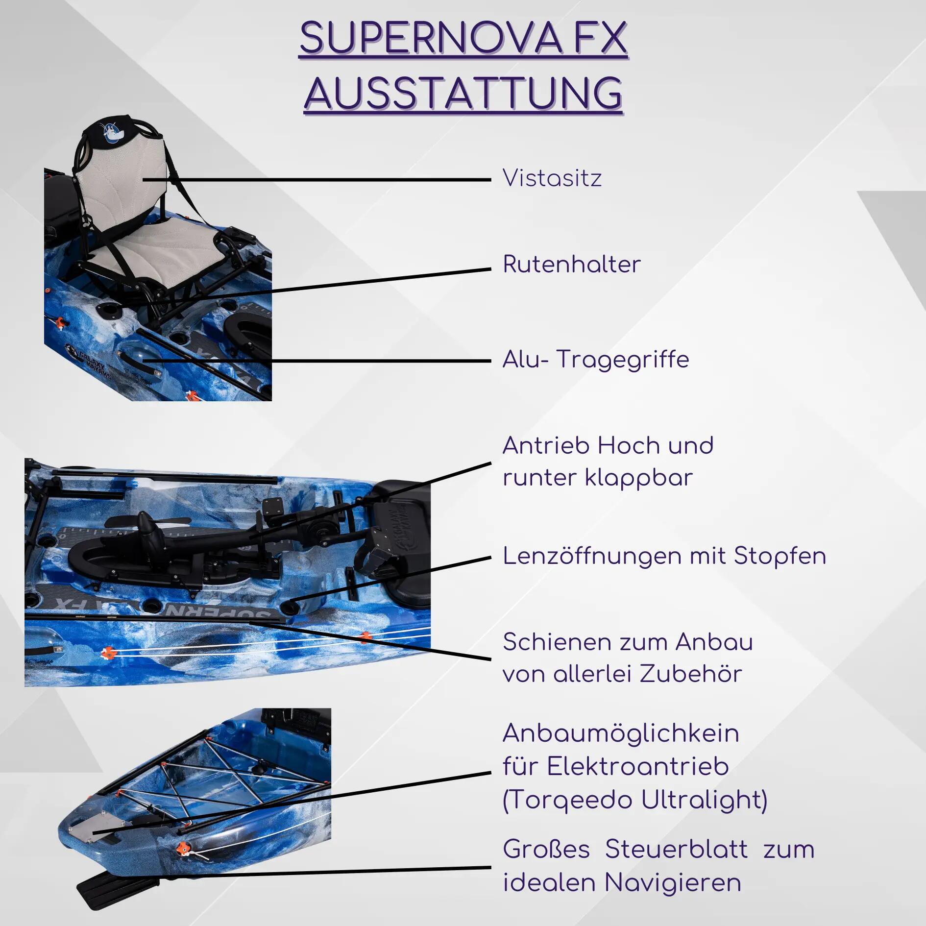 Galaxy Kayaks Supernova FX Angelkajak Pedalantrieb 1er Fischer Boot Komplettset 8/15