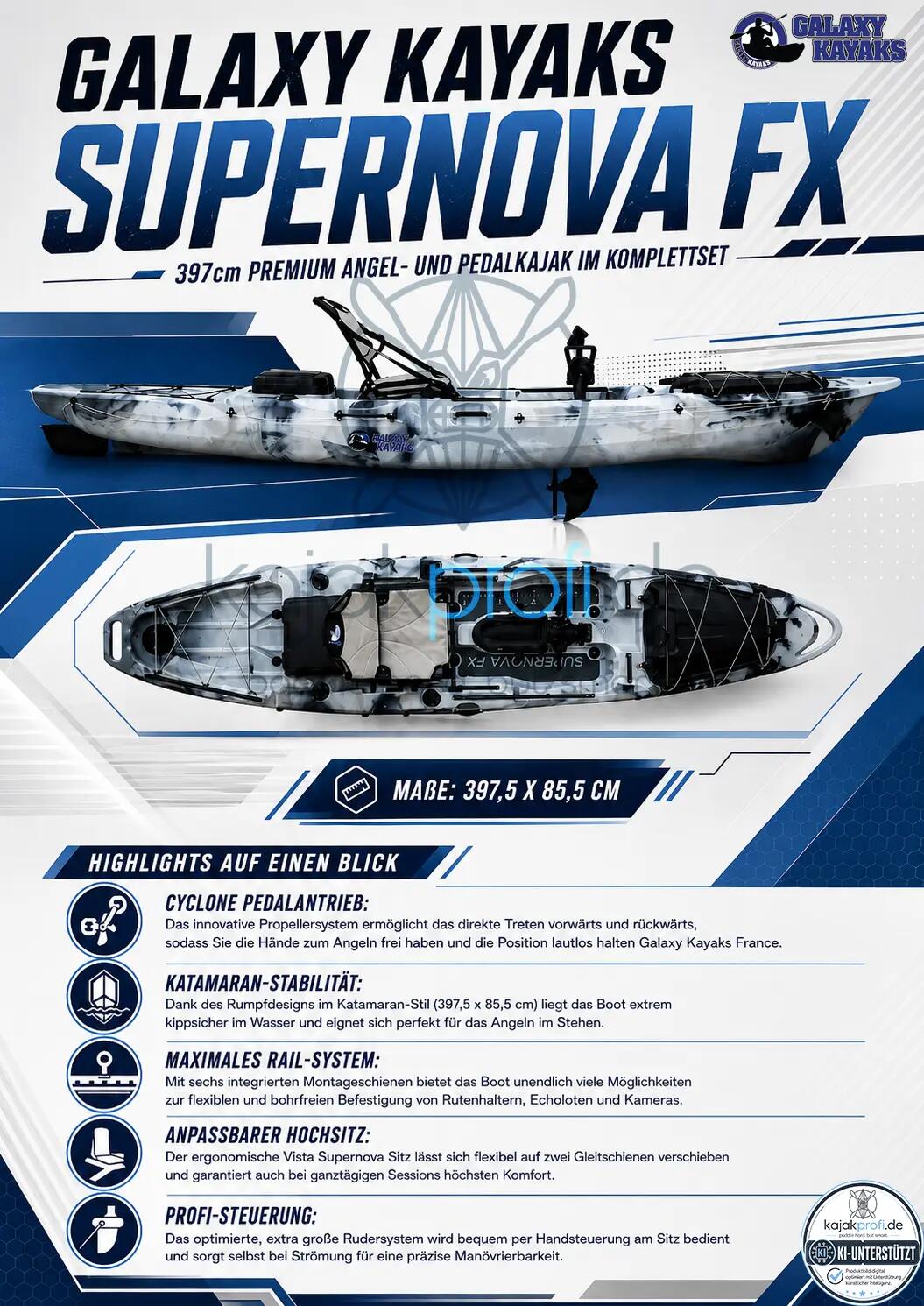 Galaxy Kayaks Supernova FX Angelkajak Pedalantrieb 1er Fischer Boot Komplettset 2/15