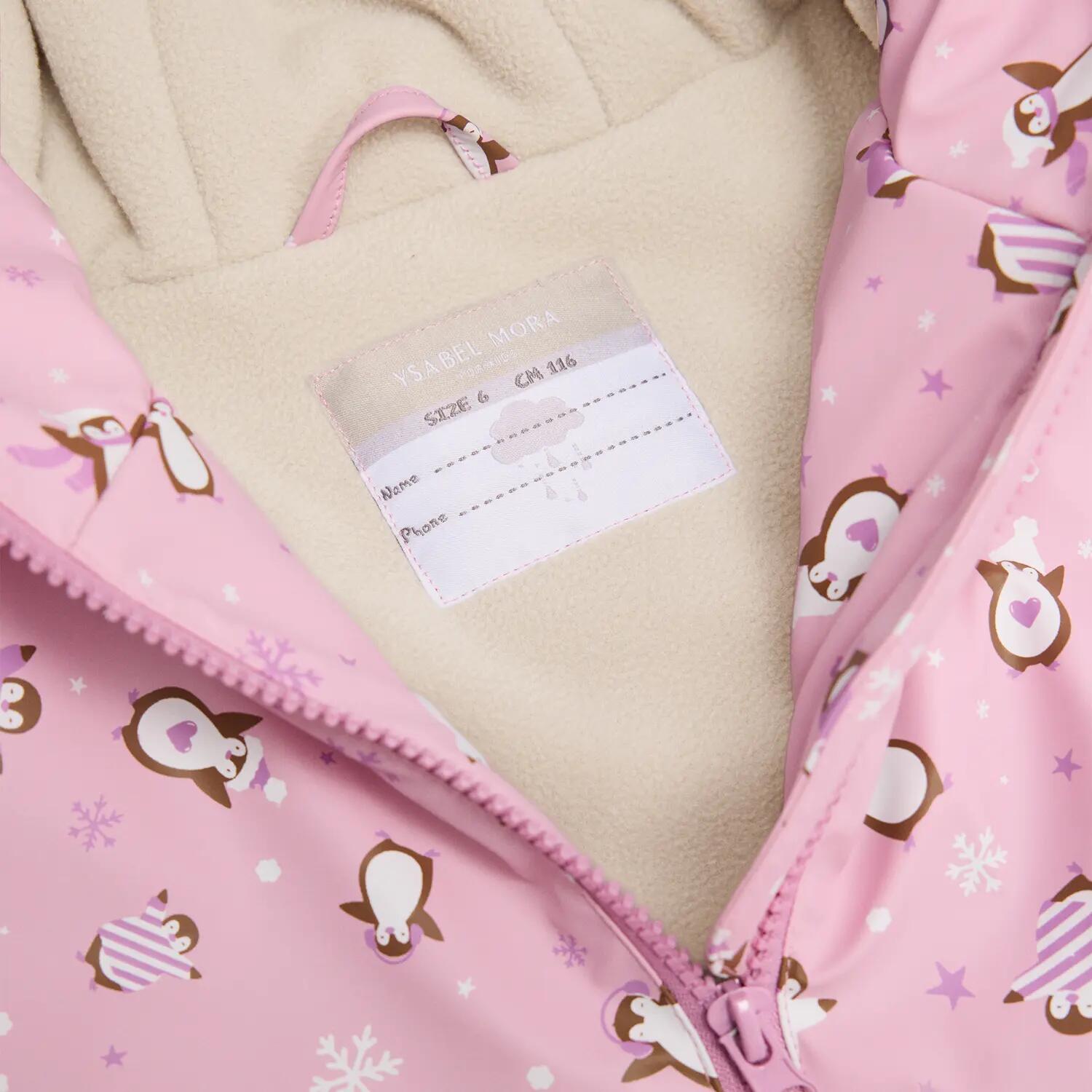 Capa de chuva de menina estampado de pinguins com forro polar 3/6