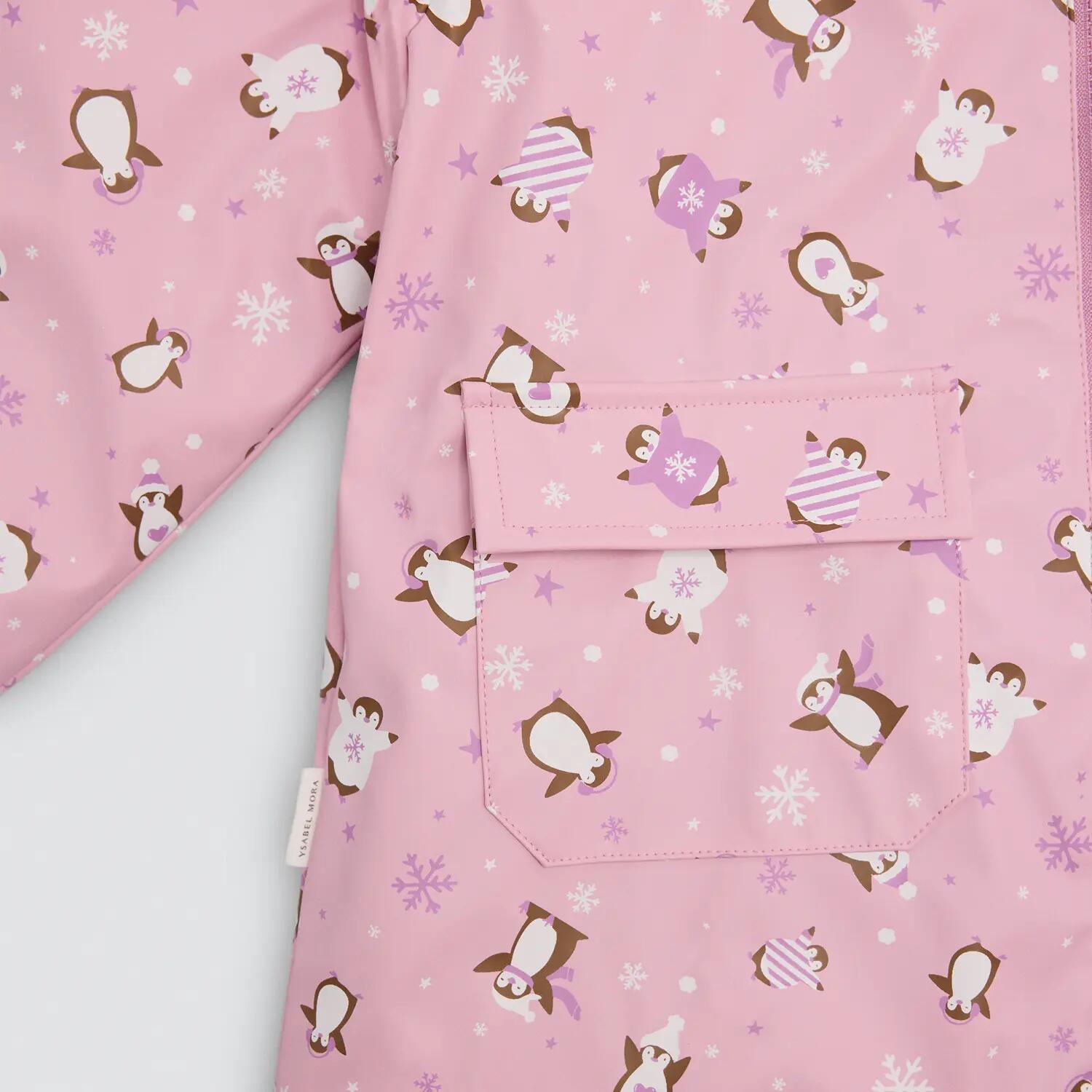 Capa de chuva de menina estampado de pinguins com forro polar 2/6