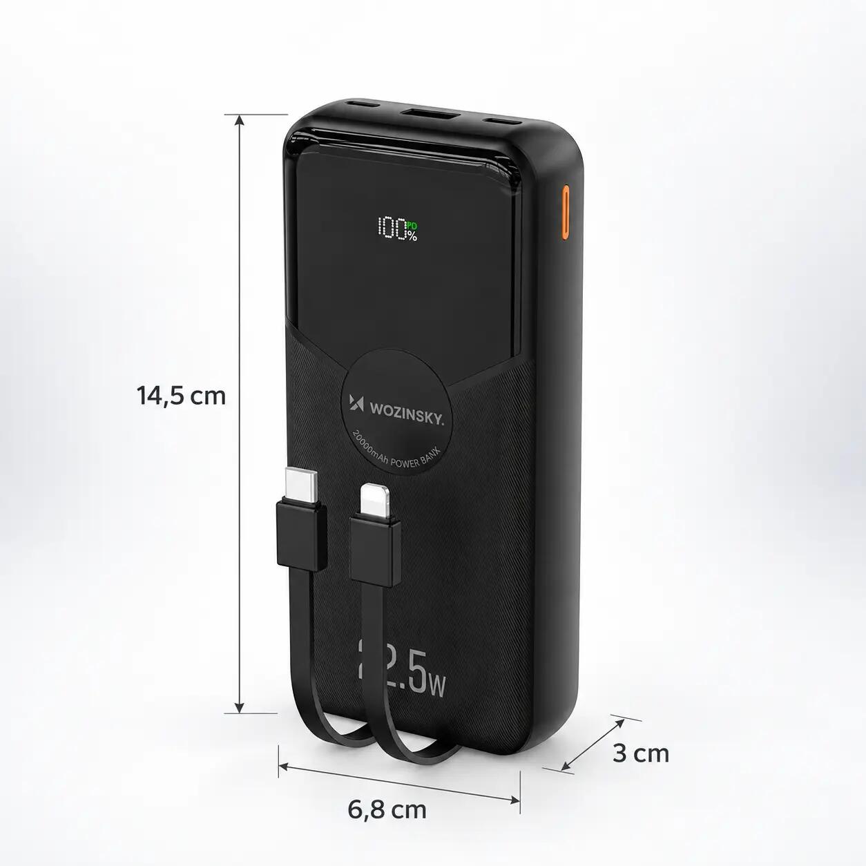 Powerbank Wozinsky 20000mAh 22,5w 20w z wbudowanymi kablami Lightning i USB-C 2/7