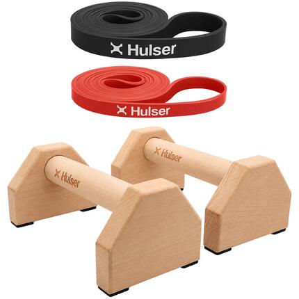 Parallettes en bois 25 x 10 cm et 2 bandes de résistance 7–30 kg