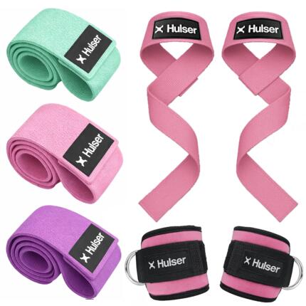 Ankle straps fitness met 3 booty bands 8–32 kg en lifting straps