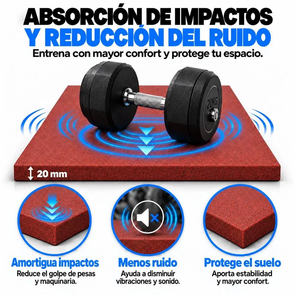 ARQUICAUCHO Losetas de Caucho para Gimnasio Pack 2. 50x50cm x 20mm Rojo 3/8