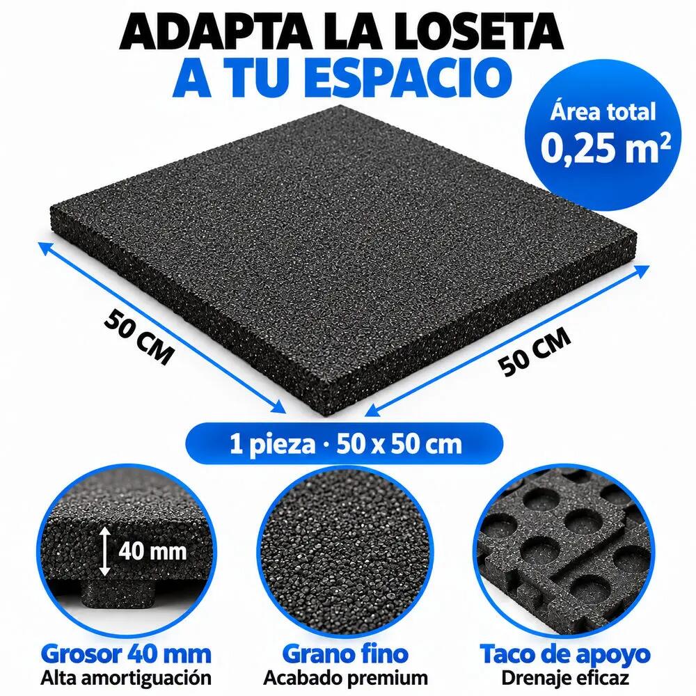Placa de Borracha Profissional para Ginásio Pack 4. 50x50cm x 40mm Preto 3/9