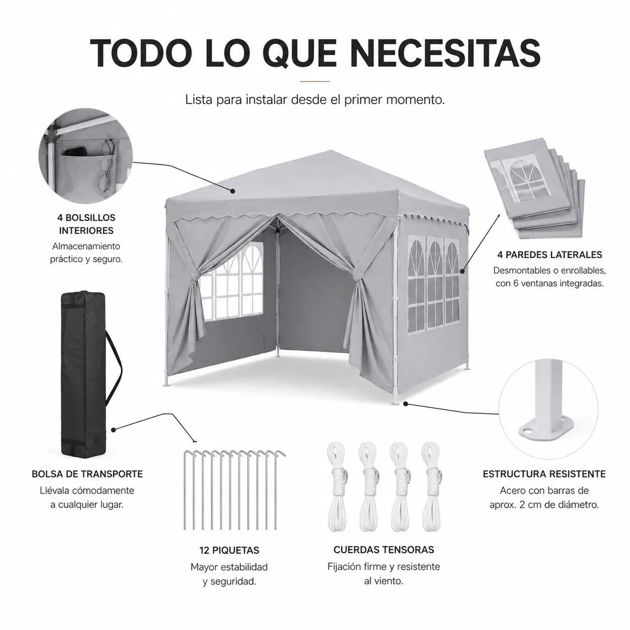 Tenda dobrável 3x3 m com 4 paredes laterais e estrutura reforçada 5/8
